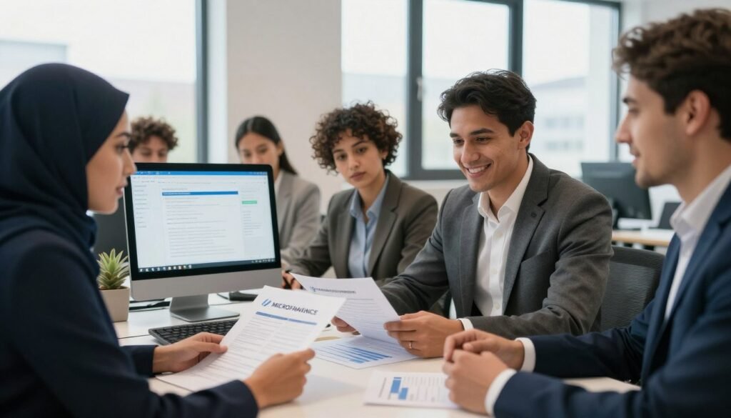A professional microfinance setting featuring a group of diverse individuals in business attire collaborating around a table. In the foreground, a woman of Moroccan descent is discussing financial documents with a smiling man, showcasing trust and partnership. The middle ground includes a computer displaying microfinance data, alongside promotional materials for additional services like training and financial literacy programs. In the background, a modern office space with large windows allowing soft natural light to illuminate the room, enhancing the atmosphere of optimism and growth. Soft shadows create depth, focusing on the interaction, while maintaining a clean, professional look appropriate for a business environment. A professional microfinance setting featuring a group of diverse individuals in business attire collaborating around a table. In the foreground, a woman of Moroccan descent is discussing financial documents with a smiling man, showcasing trust and partnership. The middle ground includes a computer displaying microfinance data, alongside promotional materials for additional services like training and financial literacy programs. In the background, a modern office space with large windows allowing soft natural light to illuminate the room, enhancing the atmosphere of optimism and growth. Soft shadows create depth, focusing on the interaction, while maintaining a clean, professional look appropriate for a business environment.