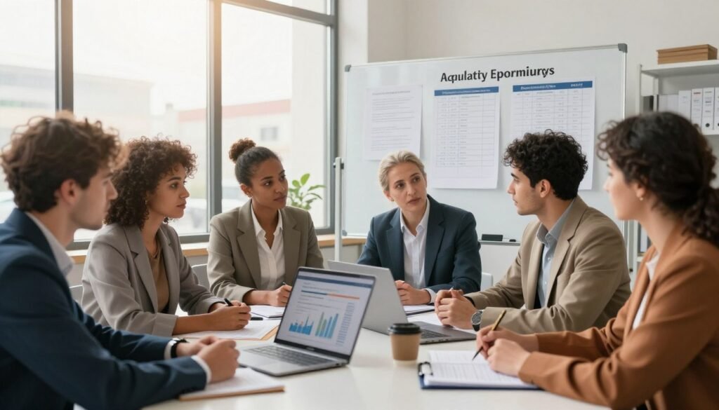 A professional office environment depicting the obligations of self-employed entrepreneurs in Morocco. In the foreground, a diverse group of business individuals, dressed in smart casual attire, are engaged in a discussion around a table filled with documents and a laptop showcasing financial charts. The middle layer features a whiteboard with regulatory compliance notes and tax checklists. In the background, large windows allow soft, natural sunlight to illuminate the space, creating a warm and inviting atmosphere. The scene should convey a sense of focus and professionalism, highlighting the importance of understanding legal responsibilities. Capture the moment from an angle that showcases both collaboration and the workspace, ensuring a balanced composition. A professional office environment depicting the obligations of self-employed entrepreneurs in Morocco. In the foreground, a diverse group of business individuals, dressed in smart casual attire, are engaged in a discussion around a table filled with documents and a laptop showcasing financial charts. The middle layer features a whiteboard with regulatory compliance notes and tax checklists. In the background, large windows allow soft, natural sunlight to illuminate the space, creating a warm and inviting atmosphere. The scene should convey a sense of focus and professionalism, highlighting the importance of understanding legal responsibilities. Capture the moment from an angle that showcases both collaboration and the workspace, ensuring a balanced composition.