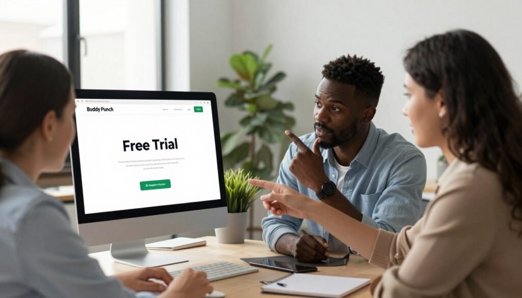 A professional office environment featuring a desktop computer displaying the Buddy Punch website with a bright, welcoming interface showcasing a free trial sign-up. In the foreground, a diverse group of three people – a Caucasian woman, an African American man, and a Hispanic woman – engage in discussion, with the woman pointing towards the screen while the man nods in agreement, all dressed in smart casual attire. The middle ground includes essential office elements like a stylish desk, potted plants, and a notepad. In the background, soft natural light filters in through large windows, creating an inviting atmosphere. The composition conveys a sense of collaboration and excitement about starting with Buddy Punch, reflecting the ease of use and efficiency of their time management solutions. A professional office environment featuring a desktop computer displaying the Buddy Punch website with a bright, welcoming interface showcasing a free trial sign-up. In the foreground, a diverse group of three people – a Caucasian woman, an African American man, and a Hispanic woman – engage in discussion, with the woman pointing towards the screen while the man nods in agreement, all dressed in smart casual attire. The middle ground includes essential office elements like a stylish desk, potted plants, and a notepad. In the background, soft natural light filters in through large windows, creating an inviting atmosphere. The composition conveys a sense of collaboration and excitement about starting with Buddy Punch, reflecting the ease of use and efficiency of their time management solutions.