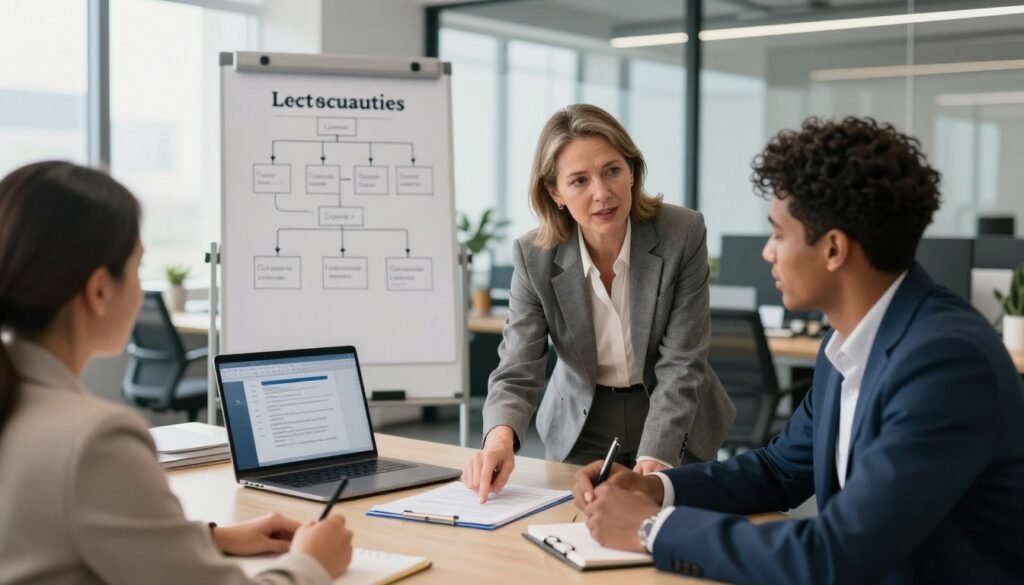 A professional office environment featuring a diverse group of businesspeople engaged in a discussion about selecting the appropriate legal status for a company. In the foreground, a middle-aged Caucasian woman in a tailored suit points at a document on a table, while a young Black man in a smart casual outfit takes notes. The middle ground includes a whiteboard with flowcharts outlining different company structures, and a laptop displaying relevant information. The background reveals sleek, modern office decor and large windows letting in natural light, creating a warm and collaborative atmosphere. The image should evoke a sense of professionalism, teamwork, and strategic planning, captured from a slightly elevated angle to provide depth. A professional office environment featuring a diverse group of businesspeople engaged in a discussion about selecting the appropriate legal status for a company. In the foreground, a middle-aged Caucasian woman in a tailored suit points at a document on a table, while a young Black man in a smart casual outfit takes notes. The middle ground includes a whiteboard with flowcharts outlining different company structures, and a laptop displaying relevant information. The background reveals sleek, modern office decor and large windows letting in natural light, creating a warm and collaborative atmosphere. The image should evoke a sense of professionalism, teamwork, and strategic planning, captured from a slightly elevated angle to provide depth.