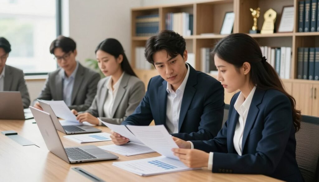 A professional office environment featuring a diverse group of individuals engaged in a discussion about becoming auditors. In the foreground, two people, one male and one female, are reviewing documents together, both dressed in smart business attire; the male is in a navy suit, and the female is in a tailored blazer and blouse. The middle ground shows a large conference table covered with financial statements and a laptop open displaying charts. In the background, there are shelves filled with accounting textbooks and awards related to auditing. Soft, natural light filters through large windows, illuminating the space and creating a collaborative atmosphere. The overall mood is focused and professional, emphasizing the theme of education and career development in auditing. A professional office environment featuring a diverse group of individuals engaged in a discussion about becoming auditors. In the foreground, two people, one male and one female, are reviewing documents together, both dressed in smart business attire; the male is in a navy suit, and the female is in a tailored blazer and blouse. The middle ground shows a large conference table covered with financial statements and a laptop open displaying charts. In the background, there are shelves filled with accounting textbooks and awards related to auditing. Soft, natural light filters through large windows, illuminating the space and creating a collaborative atmosphere. The overall mood is focused and professional, emphasizing the theme of education and career development in auditing.