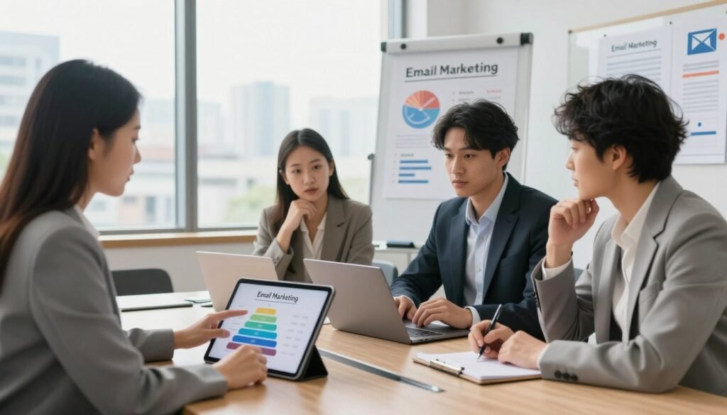 A professional office setting featuring a diverse group of three business people engaged in a discussion about email marketing pricing plans. In the foreground, a confident woman in smart business attire gestures towards a digital tablet displaying a chart of email marketing tiers and pricing options. To her right, a man in a suit takes notes on a laptop, while a colleague, dressed in smart casual attire, looks thoughtfully at a notepad. The middle ground reveals a bright, well-lit conference room with a large window showing a cityscape. Soft natural light fills the space, creating a productive atmosphere. In the background, whiteboards and flip charts showcase diagrams related to email marketing strategies and pricing analysis. The overall mood is collaborative and focused on strategic planning. A professional office setting featuring a diverse group of three business people engaged in a discussion about email marketing pricing plans. In the foreground, a confident woman in smart business attire gestures towards a digital tablet displaying a chart of email marketing tiers and pricing options. To her right, a man in a suit takes notes on a laptop, while a colleague, dressed in smart casual attire, looks thoughtfully at a notepad. The middle ground reveals a bright, well-lit conference room with a large window showing a cityscape. Soft natural light fills the space, creating a productive atmosphere. In the background, whiteboards and flip charts showcase diagrams related to email marketing strategies and pricing analysis. The overall mood is collaborative and focused on strategic planning.