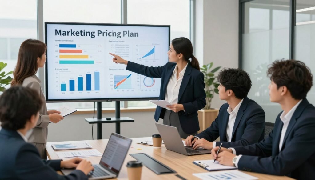 A professional office setting featuring a diverse team of businesspeople analyzing marketing pricing plans on a large digital screen. In the foreground, a woman in a smart blazer is pointing towards charts and graphs that display various pricing tiers and marketing formulas. A man in a suit is taking notes on a laptop, and a woman in smart casual attire is discussing insights. The middle ground shows a modern conference table with documents and coffee cups scattered about, emphasizing collaboration. In the background, large windows allow natural light to pour in, casting a warm glow on the scene. The atmosphere is focused and energetic, embodying teamwork and strategic planning. The image is captured from a slightly elevated angle, providing a comprehensive view of the team dynamics. A professional office setting featuring a diverse team of businesspeople analyzing marketing pricing plans on a large digital screen. In the foreground, a woman in a smart blazer is pointing towards charts and graphs that display various pricing tiers and marketing formulas. A man in a suit is taking notes on a laptop, and a woman in smart casual attire is discussing insights. The middle ground shows a modern conference table with documents and coffee cups scattered about, emphasizing collaboration. In the background, large windows allow natural light to pour in, casting a warm glow on the scene. The atmosphere is focused and energetic, embodying teamwork and strategic planning. The image is captured from a slightly elevated angle, providing a comprehensive view of the team dynamics.