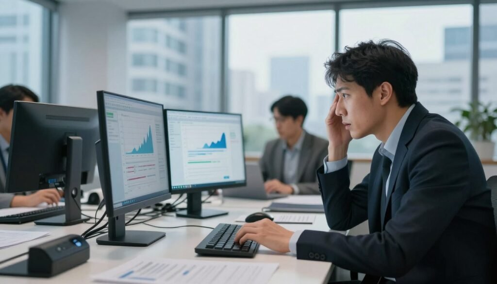 A professional office setting highlighting the challenges of cloud telephony quality issues. In the foreground, a business person, dressed in professional attire, anxiously interacts with a computer screen displaying graphs of call quality metrics. In the middle, a modern conference table with communication devices and documents emphasizes the context of a team discussion. The background features a large window with city views, allowing natural light to illuminate the space, creating a sense of urgency and concern. The atmosphere feels tense yet focused, with cool color tones representing technology. Capture sharp details with a shallow depth of field to draw emphasis on the individual and call quality metrics, giving a sense of the technical challenges faced in cloud communication. A professional office setting highlighting the challenges of cloud telephony quality issues. In the foreground, a business person, dressed in professional attire, anxiously interacts with a computer screen displaying graphs of call quality metrics. In the middle, a modern conference table with communication devices and documents emphasizes the context of a team discussion. The background features a large window with city views, allowing natural light to illuminate the space, creating a sense of urgency and concern. The atmosphere feels tense yet focused, with cool color tones representing technology. Capture sharp details with a shallow depth of field to draw emphasis on the individual and call quality metrics, giving a sense of the technical challenges faced in cloud communication.