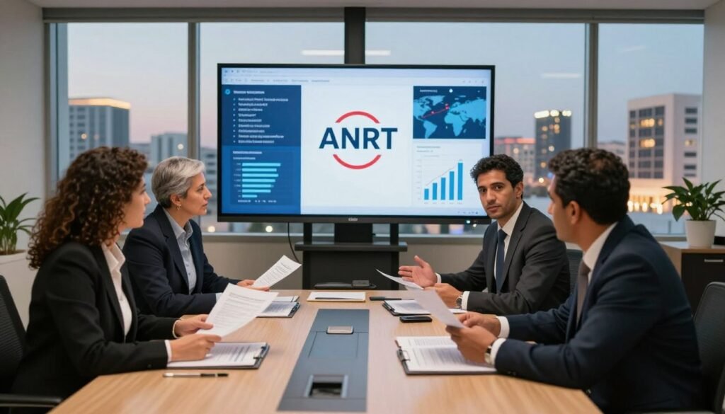 A professional office setting showcasing a diverse group of individuals engaged in a discussion about telecommunications regulation in Morocco. In the foreground, three business-attired professionals—one woman and two men—are gathered around a sleek conference table, examining documents and charts. The middle ground features a large digital screen displaying various telecom regulatory graphics and the ANRT logo, symbolizing their role in the industry. In the background, large windows reveal a view of the modern cityscape of Rabat, with vibrant lighting suggesting twilight. The atmosphere is collaborative and focused, with warm tones to convey a sense of urgency and importance in the regulatory process. A wide-angle lens captures the entire scene, with soft, even lighting to ensure clarity and professionalism. A professional office setting showcasing a diverse group of individuals engaged in a discussion about telecommunications regulation in Morocco. In the foreground, three business-attired professionals—one woman and two men—are gathered around a sleek conference table, examining documents and charts. The middle ground features a large digital screen displaying various telecom regulatory graphics and the ANRT logo, symbolizing their role in the industry. In the background, large windows reveal a view of the modern cityscape of Rabat, with vibrant lighting suggesting twilight. The atmosphere is collaborative and focused, with warm tones to convey a sense of urgency and importance in the regulatory process. A wide-angle lens captures the entire scene, with soft, even lighting to ensure clarity and professionalism.