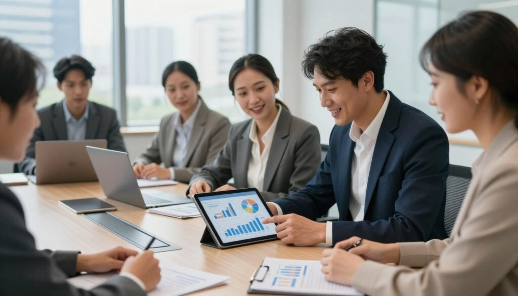 A professional office setting where diverse individuals are engaged in a collaborative discussion about budgetary frameworks for human development. In the foreground, a male and female figure, both dressed in smart business attire, are examining financial charts and graphs on a digital tablet. The middle ground features a sleek conference table adorned with documents and a laptop displaying financial data analysis. In the background, large windows bring in natural light, highlighting a vibrant cityscape. The atmosphere is focused and optimistic, symbolizing progress and community development. Soft lighting enhances the ambiance, emphasizing collaboration and innovation in finance. The angle captures both the characters and the workspace, creating an inviting and professional vibe. A professional office setting where diverse individuals are engaged in a collaborative discussion about budgetary frameworks for human development. In the foreground, a male and female figure, both dressed in smart business attire, are examining financial charts and graphs on a digital tablet. The middle ground features a sleek conference table adorned with documents and a laptop displaying financial data analysis. In the background, large windows bring in natural light, highlighting a vibrant cityscape. The atmosphere is focused and optimistic, symbolizing progress and community development. Soft lighting enhances the ambiance, emphasizing collaboration and innovation in finance. The angle captures both the characters and the workspace, creating an inviting and professional vibe.