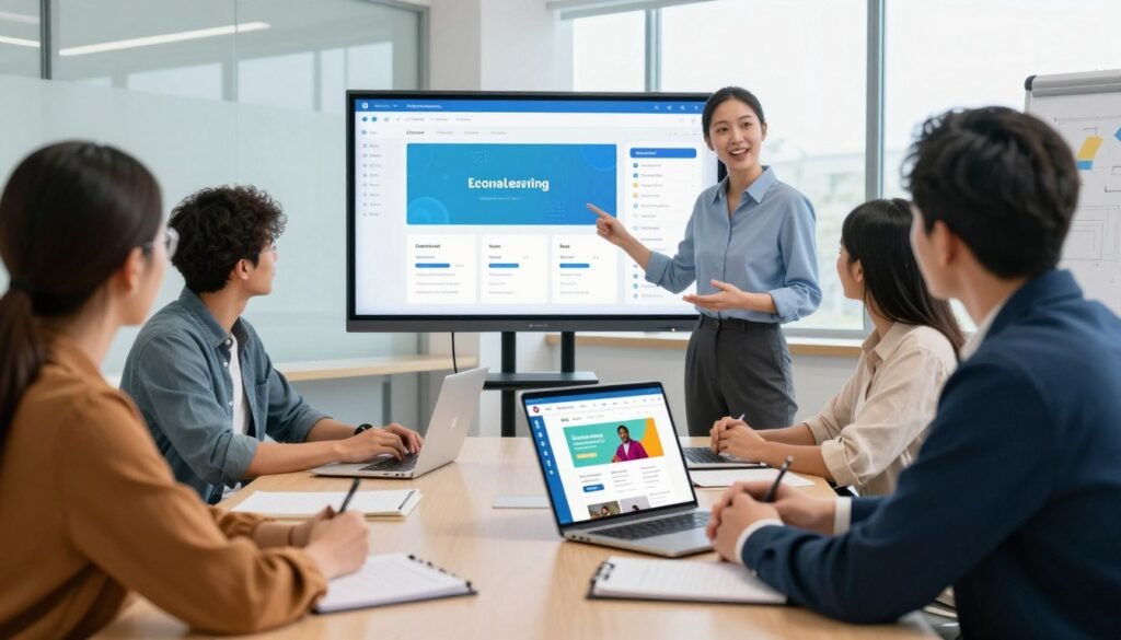 A professional online learning environment with instructors engaged in teaching. In the foreground, an instructor, dressed in smart business attire, is enthusiastically explaining a topic to an attentive group of diverse adult learners, all in casual and comfortable clothing. The middle ground features a large screen displaying educational materials and interactive tools, while a laptop is open on the table showcasing a vibrant online course interface. The background shows a modern classroom setting with bright lighting through large windows, creating a welcoming and inspiring atmosphere. The scene conveys an energetic and supportive learning experience, emphasizing the quality of instruction and the pivotal role of expert instructors in online education. A professional online learning environment with instructors engaged in teaching. In the foreground, an instructor, dressed in smart business attire, is enthusiastically explaining a topic to an attentive group of diverse adult learners, all in casual and comfortable clothing. The middle ground features a large screen displaying educational materials and interactive tools, while a laptop is open on the table showcasing a vibrant online course interface. The background shows a modern classroom setting with bright lighting through large windows, creating a welcoming and inspiring atmosphere. The scene conveys an energetic and supportive learning experience, emphasizing the quality of instruction and the pivotal role of expert instructors in online education.