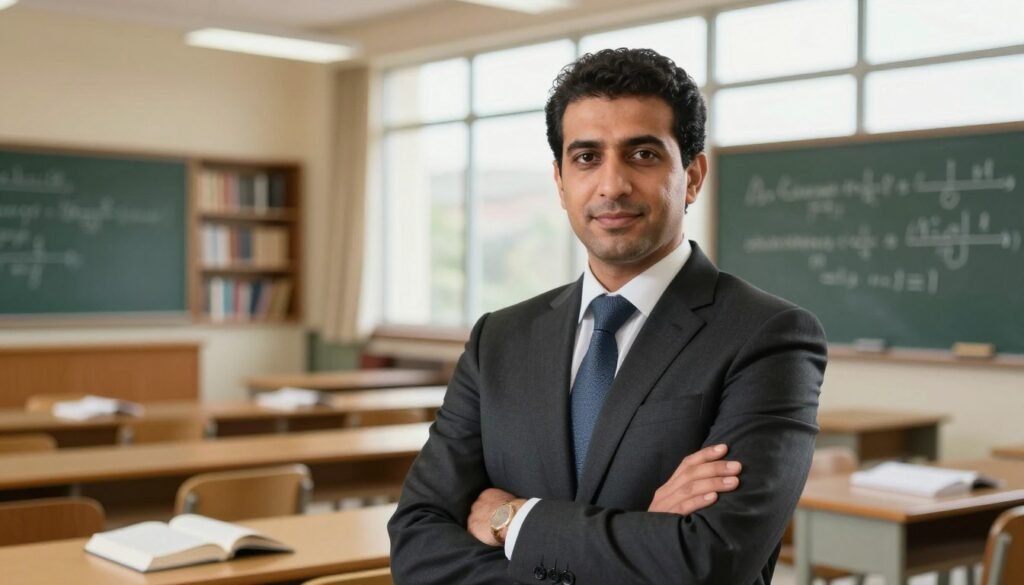 A professional portrait of Mostafa Terrab, set in an academic environment. In the foreground, a confident Middle-Eastern man in a smart business suit stands with crossed arms, exuding professionalism and determination. His face reflects a sense of purpose and intellect. In the middle ground, a well-lit university lecture hall filled with books and scholarly materials, with chalkboards displaying complex equations, symbolizing academic achievement. The background features an inspiring large window with natural light streaming in, illuminating the space with a warm glow, creating a motivating atmosphere. The focus is sharp on the subject, with a slight bokeh effect on the background, emphasizing the professional and academic journey. The overall mood is inspirational and aspirational, highlighting the importance of education and dedication. A professional portrait of Mostafa Terrab, set in an academic environment. In the foreground, a confident Middle-Eastern man in a smart business suit stands with crossed arms, exuding professionalism and determination. His face reflects a sense of purpose and intellect. In the middle ground, a well-lit university lecture hall filled with books and scholarly materials, with chalkboards displaying complex equations, symbolizing academic achievement. The background features an inspiring large window with natural light streaming in, illuminating the space with a warm glow, creating a motivating atmosphere. The focus is sharp on the subject, with a slight bokeh effect on the background, emphasizing the professional and academic journey. The overall mood is inspirational and aspirational, highlighting the importance of education and dedication.