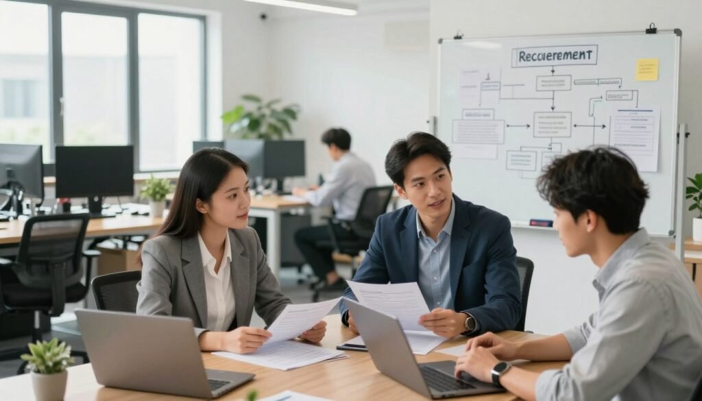 A professional recruitment and onboarding process scene set in a modern office. In the foreground, a diverse group of three professionals, a woman in business attire, a man in smart casual clothing, and a person with a laptop, are engaged in a discussion, reviewing documents and applications. In the middle ground, a well-organized workspace featuring desks with monitors, plants, and a whiteboard filled with brainstorming ideas and flowcharts related to recruitment steps. The background shows a bright, airy office environment with large windows letting in natural light, creating a welcoming atmosphere. Capture a sense of collaboration and enthusiasm, with soft lighting and a wide-angle perspective that conveys openness and professionalism. A professional recruitment and onboarding process scene set in a modern office. In the foreground, a diverse group of three professionals, a woman in business attire, a man in smart casual clothing, and a person with a laptop, are engaged in a discussion, reviewing documents and applications. In the middle ground, a well-organized workspace featuring desks with monitors, plants, and a whiteboard filled with brainstorming ideas and flowcharts related to recruitment steps. The background shows a bright, airy office environment with large windows letting in natural light, creating a welcoming atmosphere. Capture a sense of collaboration and enthusiasm, with soft lighting and a wide-angle perspective that conveys openness and professionalism.