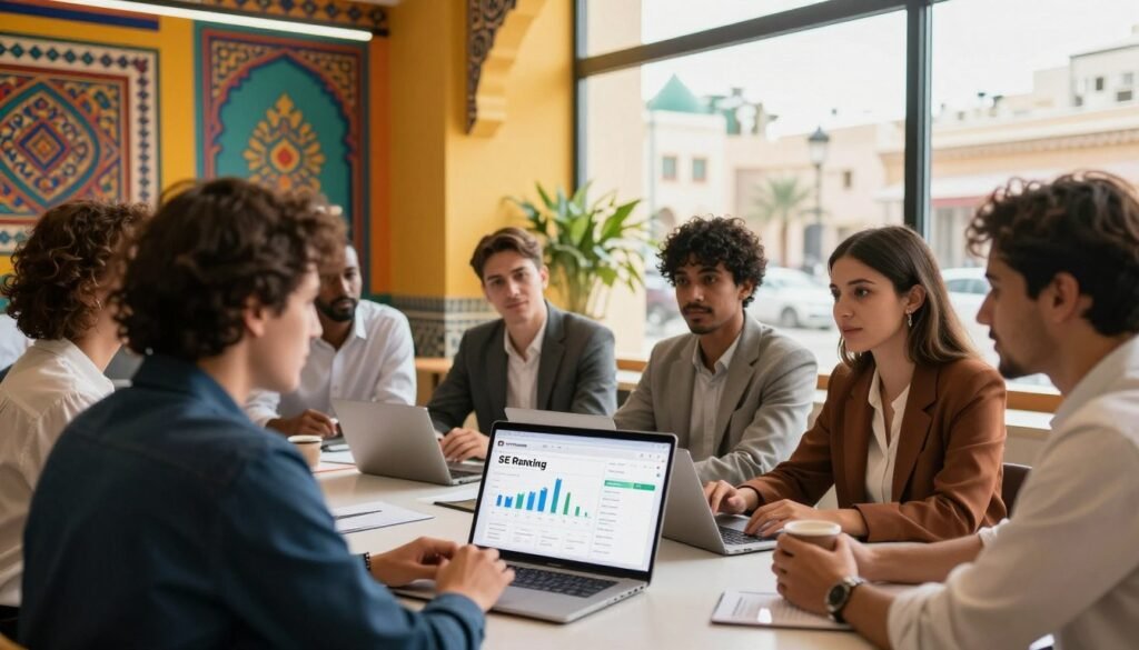 A professional scene depicting a Moroccan business environment focused on SEO tools, specifically SE Ranking. In the foreground, a diverse group of business professionals, dressed in smart casual attire, are engaged in a discussion around a laptop displaying the SE Ranking interface, showcasing graphs and analytics. In the middle ground, a modern office space is visible, with vibrant colors reflecting Moroccan culture, like intricate patterns or artwork on the walls. The background features a large window with a view of a bustling Casablanca street, under bright, natural lighting that creates a warm and inviting atmosphere. The overall mood is one of collaboration and innovation, emphasizing the adaptability of SE Ranking to the Moroccan market without text or any other distractions. A professional scene depicting a Moroccan business environment focused on SEO tools, specifically SE Ranking. In the foreground, a diverse group of business professionals, dressed in smart casual attire, are engaged in a discussion around a laptop displaying the SE Ranking interface, showcasing graphs and analytics. In the middle ground, a modern office space is visible, with vibrant colors reflecting Moroccan culture, like intricate patterns or artwork on the walls. The background features a large window with a view of a bustling Casablanca street, under bright, natural lighting that creates a warm and inviting atmosphere. The overall mood is one of collaboration and innovation, emphasizing the adaptability of SE Ranking to the Moroccan market without text or any other distractions.