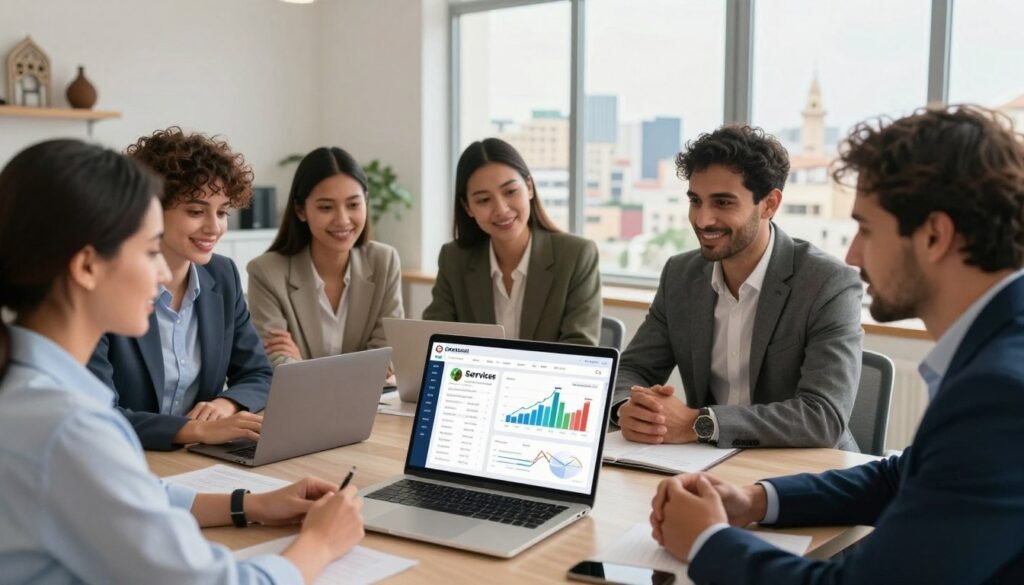 A professional setting depicting the concept of online investment services provided by a Regional Investment Center in Morocco. In the foreground, a diverse group of business professionals, dressed in smart casual clothing, is gathered around a modern laptop displaying an interactive dashboard of e-services. In the middle, elements like charts and digital interfaces symbolize investment opportunities and guidance. The background features a well-lit office space with Moroccan decor, showcasing a large window that overlooks a vibrant cityscape. The atmosphere is optimistic and focused, conveying a sense of collaboration and innovation. Soft, natural lighting enhances the friendly yet professional mood, captured from a slightly elevated angle to provide a comprehensive view of the scene. A professional setting depicting the concept of online investment services provided by a Regional Investment Center in Morocco. In the foreground, a diverse group of business professionals, dressed in smart casual clothing, is gathered around a modern laptop displaying an interactive dashboard of e-services. In the middle, elements like charts and digital interfaces symbolize investment opportunities and guidance. The background features a well-lit office space with Moroccan decor, showcasing a large window that overlooks a vibrant cityscape. The atmosphere is optimistic and focused, conveying a sense of collaboration and innovation. Soft, natural lighting enhances the friendly yet professional mood, captured from a slightly elevated angle to provide a comprehensive view of the scene.