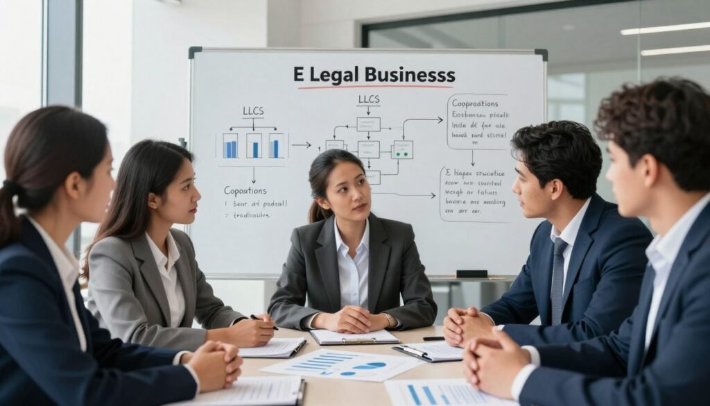 A professional setting depicting the criteria for choosing a legal status for businesses in Morocco. In the foreground, a diverse group of business professionals, dressed in smart business attire, are engaged in a discussion around a table with documents and charts spread out. In the middle ground, a chalkboard or whiteboard filled with notes and diagrams illustrating various legal structures, such as LLCs and corporations. The background should feature a modern office environment with large windows, letting in natural light that creates a bright and optimistic atmosphere. The camera angle is slightly elevated, showcasing both the professionals and the visual aids behind them, emphasizing collaboration and strategic planning. The mood is focused and inspiring, encouraging entrepreneurial spirit. A professional setting depicting the criteria for choosing a legal status for businesses in Morocco. In the foreground, a diverse group of business professionals, dressed in smart business attire, are engaged in a discussion around a table with documents and charts spread out. In the middle ground, a chalkboard or whiteboard filled with notes and diagrams illustrating various legal structures, such as LLCs and corporations. The background should feature a modern office environment with large windows, letting in natural light that creates a bright and optimistic atmosphere. The camera angle is slightly elevated, showcasing both the professionals and the visual aids behind them, emphasizing collaboration and strategic planning. The mood is focused and inspiring, encouraging entrepreneurial spirit.