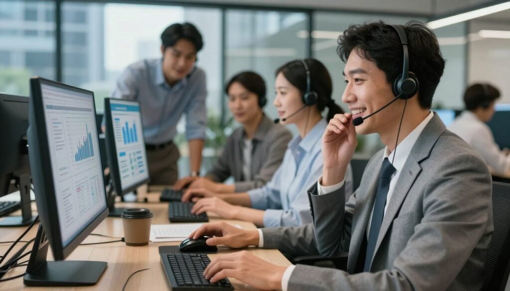A professional support team engaged in assisting a client with web hosting issues in a modern, sleek office environment. The foreground features a friendly customer support representative, dressed in business attire, smiling while speaking on a headset, showcasing a caring demeanor. In the middle ground, a diverse group of staff members collaboratively reviewing data on computer screens, some with charts and analytics visible, emphasizing teamwork and technical expertise. The background displays a glass wall revealing cityscape views, infused with natural light to create a bright, uplifting atmosphere. Soft, warm lighting highlights the workspace, enhancing feelings of reliability and support. The image should exude a mood of professionalism, trust, and efficacy in customer care. A professional support team engaged in assisting a client with web hosting issues in a modern, sleek office environment. The foreground features a friendly customer support representative, dressed in business attire, smiling while speaking on a headset, showcasing a caring demeanor. In the middle ground, a diverse group of staff members collaboratively reviewing data on computer screens, some with charts and analytics visible, emphasizing teamwork and technical expertise. The background displays a glass wall revealing cityscape views, infused with natural light to create a bright, uplifting atmosphere. Soft, warm lighting highlights the workspace, enhancing feelings of reliability and support. The image should exude a mood of professionalism, trust, and efficacy in customer care.