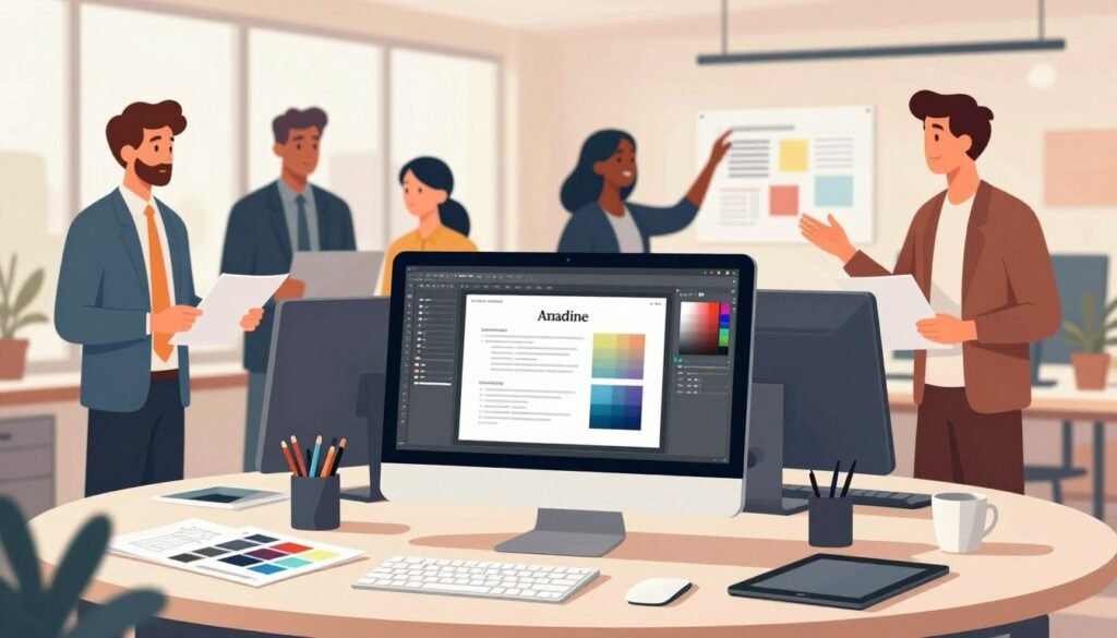 A professional vector illustration showcasing various domains of application for Amadine's design software. In the foreground, feature a sleek, futuristic workspace with a computer displaying an open design project, surrounded by design tools like color swatches, sketch pads, and digital tablets. The middle ground should include a diverse group of professionals in business attire collaborating creatively, discussing designs with enthusiasm. In the background, depict a modern office setting with large windows allowing natural light to flood in, giving a sense of innovation and creativity. The overall atmosphere should convey productivity and inspiration, using warm, inviting lighting to enhance the professional environment. A professional vector illustration showcasing various domains of application for Amadine's design software. In the foreground, feature a sleek, futuristic workspace with a computer displaying an open design project, surrounded by design tools like color swatches, sketch pads, and digital tablets. The middle ground should include a diverse group of professionals in business attire collaborating creatively, discussing designs with enthusiasm. In the background, depict a modern office setting with large windows allowing natural light to flood in, giving a sense of innovation and creativity. The overall atmosphere should convey productivity and inspiration, using warm, inviting lighting to enhance the professional environment.