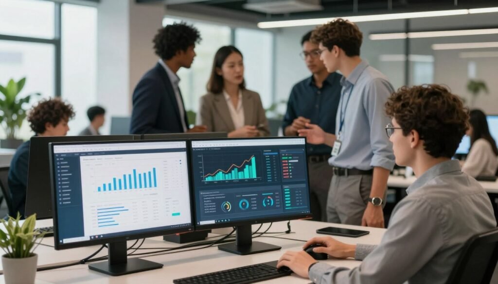 A professional workspace demonstrating reliable and fast web hosting services. In the foreground, a sleek modern computer setup with dual monitors displaying graphs and performance metrics related to website traffic. In the middle, a group of diverse professionals in business attire, engaged in a discussion about digital services, showcasing collaboration and innovation. The background features an open-plan office with contemporary design, bright lighting, and green plants, symbolizing a productive and tech-savvy environment. The overall atmosphere is dynamic and focused, with soft, natural light filtering through large windows, enhancing the sense of professionalism and modernity. The composition has a clear depth of field, emphasizing the teamwork and technology central to web hosting solutions. A professional workspace demonstrating reliable and fast web hosting services. In the foreground, a sleek modern computer setup with dual monitors displaying graphs and performance metrics related to website traffic. In the middle, a group of diverse professionals in business attire, engaged in a discussion about digital services, showcasing collaboration and innovation. The background features an open-plan office with contemporary design, bright lighting, and green plants, symbolizing a productive and tech-savvy environment. The overall atmosphere is dynamic and focused, with soft, natural light filtering through large windows, enhancing the sense of professionalism and modernity. The composition has a clear depth of field, emphasizing the teamwork and technology central to web hosting solutions.