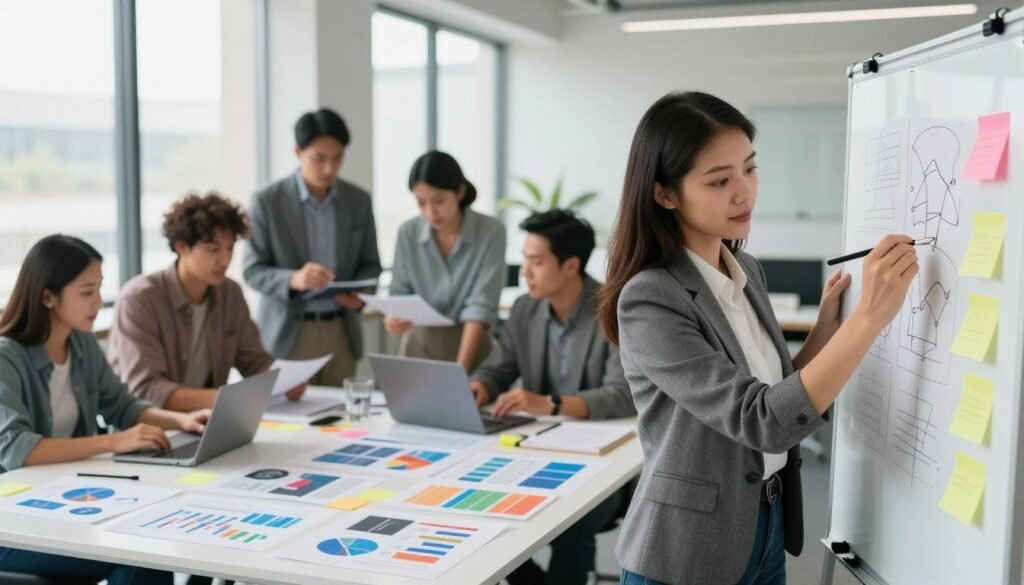 A professional workspace featuring a diverse group of individuals collaborating on a crowdfunding project. In the foreground, a focused young woman, dressed in smart business attire, is sketching ideas on a whiteboard. To her side, a middle-aged man, wearing a casual blazer, reviews documents on a laptop. In the middle ground, a large table is cluttered with project posters, financial graphs, and colorful sticky notes. The backdrop showcases a modern office with large windows letting in soft natural light, enhancing the atmosphere of creativity and teamwork. The overall mood is optimistic and dynamic, symbolizing collaboration and innovation in crowdfunding. A professional workspace featuring a diverse group of individuals collaborating on a crowdfunding project. In the foreground, a focused young woman, dressed in smart business attire, is sketching ideas on a whiteboard. To her side, a middle-aged man, wearing a casual blazer, reviews documents on a laptop. In the middle ground, a large table is cluttered with project posters, financial graphs, and colorful sticky notes. The backdrop showcases a modern office with large windows letting in soft natural light, enhancing the atmosphere of creativity and teamwork. The overall mood is optimistic and dynamic, symbolizing collaboration and innovation in crowdfunding.