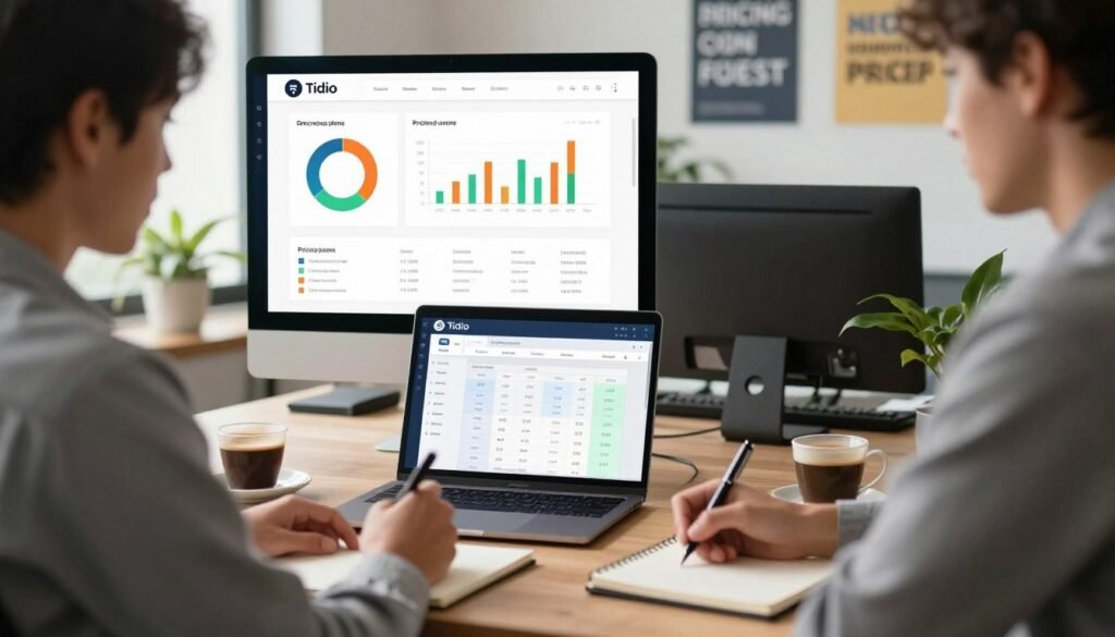 A professional workspace featuring a large computer screen displaying vibrant charts and graphs analyzing pricing plans for a customer service tool, specifically Tidio. In the foreground, a focused business professional, dressed in business attire, is attentively taking notes with a pen and notepad. In the middle ground, an open laptop illuminates a detailed pricing breakdown, while a cup of coffee adds a warm touch to the scene. The background shows a bright, modern office setting with plants and motivational posters, enhancing the productive atmosphere. Soft, natural lighting filters through a window, casting gentle shadows and creating an inviting mood. The overall image conveys an analytical approach to understanding pricing strategies in customer service tools. A professional workspace featuring a large computer screen displaying vibrant charts and graphs analyzing pricing plans for a customer service tool, specifically Tidio. In the foreground, a focused business professional, dressed in business attire, is attentively taking notes with a pen and notepad. In the middle ground, an open laptop illuminates a detailed pricing breakdown, while a cup of coffee adds a warm touch to the scene. The background shows a bright, modern office setting with plants and motivational posters, enhancing the productive atmosphere. Soft, natural lighting filters through a window, casting gentle shadows and creating an inviting mood. The overall image conveys an analytical approach to understanding pricing strategies in customer service tools.
