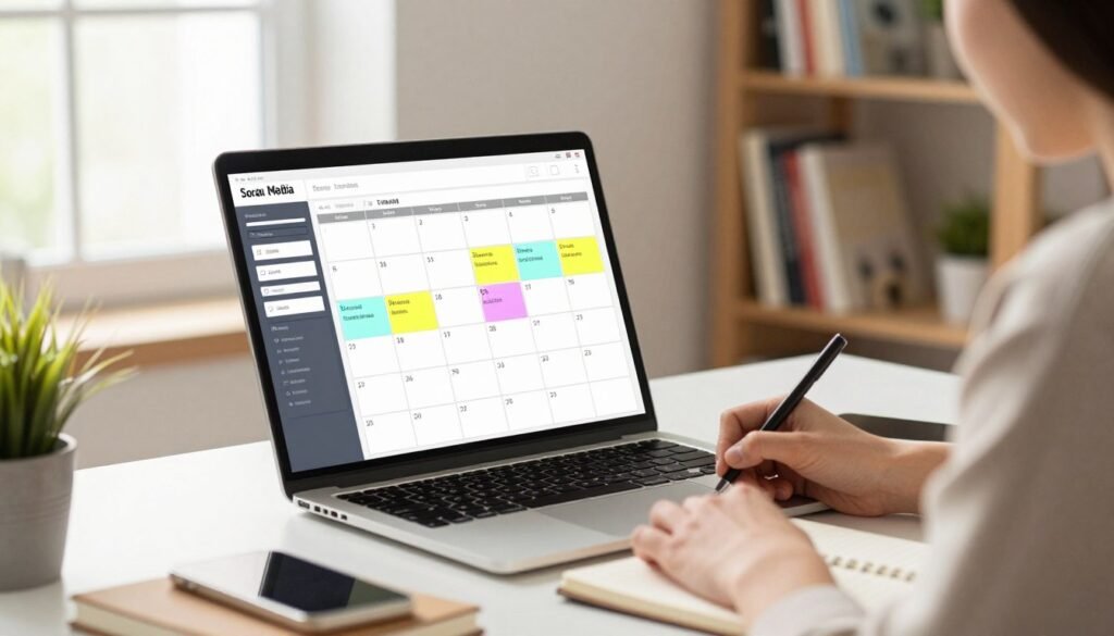 A professional workspace featuring a modern desk adorned with a sleek laptop displaying a vibrant social media scheduling interface. In the foreground, a focused individual in smart casual attire, jotting down ideas in a notepad, symbolizes effective planning. The middle ground showcases a large, wall-mounted calendar filled with color-coded post-it notes, illustrating an organized publication schedule. The background blends softly in a warm, inviting light, highlighting a bookshelf filled with marketing books and a potted plant to create a productive atmosphere. The scene is brightly lit with natural light streaming through a window, casting soft shadows, evoking a sense of efficiency and creativity. A professional workspace featuring a modern desk adorned with a sleek laptop displaying a vibrant social media scheduling interface. In the foreground, a focused individual in smart casual attire, jotting down ideas in a notepad, symbolizes effective planning. The middle ground showcases a large, wall-mounted calendar filled with color-coded post-it notes, illustrating an organized publication schedule. The background blends softly in a warm, inviting light, highlighting a bookshelf filled with marketing books and a potted plant to create a productive atmosphere. The scene is brightly lit with natural light streaming through a window, casting soft shadows, evoking a sense of efficiency and creativity.