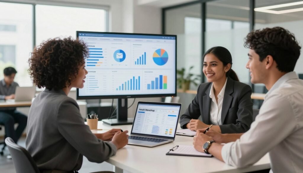 A professional workspace featuring a sleek modern desk with a laptop displaying an engaging marketing dashboard. In the foreground, a diverse group of three business professionals—one Black woman, one Hispanic man, and one South Asian woman—sit together, actively discussing strategies with smiles. The middle ground showcases a large screen displaying dynamic data charts and graphs that highlight email marketing metrics and benefits. The background features a bright, open office with natural light streaming in through large windows, creating an inviting and productive atmosphere. The scene conveys a sense of teamwork, innovation, and success in digital marketing. Soft, warm lighting enhances the collaborative mood, with a focus on clarity and professionalism, captured from an eye-level angle for a relatable perspective. A professional workspace featuring a sleek modern desk with a laptop displaying an engaging marketing dashboard. In the foreground, a diverse group of three business professionals—one Black woman, one Hispanic man, and one South Asian woman—sit together, actively discussing strategies with smiles. The middle ground showcases a large screen displaying dynamic data charts and graphs that highlight email marketing metrics and benefits. The background features a bright, open office with natural light streaming in through large windows, creating an inviting and productive atmosphere. The scene conveys a sense of teamwork, innovation, and success in digital marketing. Soft, warm lighting enhances the collaborative mood, with a focus on clarity and professionalism, captured from an eye-level angle for a relatable perspective.