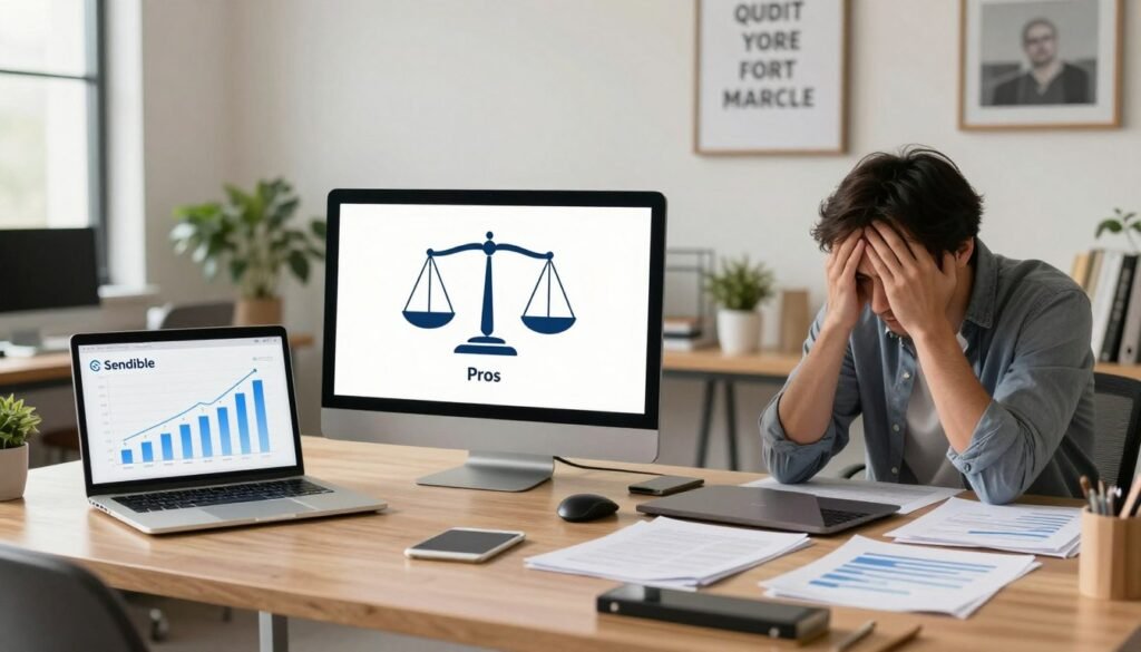 A professional workspace featuring two distinct sides, one illustrating the advantages and the other the disadvantages of the Sendible social media management tool. In the foreground, a modern desk with a laptop displaying graphs and positive growth metrics on one side, and a cluttered desk with scattered papers and a stressed-out professional on the other side, representing challenges. In the middle ground, a digital display showing a balanced set of scales, symbolizing the weighing of pros and cons. The background includes a well-lit office environment with inspirational motivational quotes framed on the walls and plants to enhance a positive atmosphere. Use natural lighting to create a warm, inviting mood with a slight shadow contrast to emphasize the differences in each side. The angle should be dynamic, showcasing both sides clearly while maintaining a cohesive overall composition. A professional workspace featuring two distinct sides, one illustrating the advantages and the other the disadvantages of the Sendible social media management tool. In the foreground, a modern desk with a laptop displaying graphs and positive growth metrics on one side, and a cluttered desk with scattered papers and a stressed-out professional on the other side, representing challenges. In the middle ground, a digital display showing a balanced set of scales, symbolizing the weighing of pros and cons. The background includes a well-lit office environment with inspirational motivational quotes framed on the walls and plants to enhance a positive atmosphere. Use natural lighting to create a warm, inviting mood with a slight shadow contrast to emphasize the differences in each side. The angle should be dynamic, showcasing both sides clearly while maintaining a cohesive overall composition.
