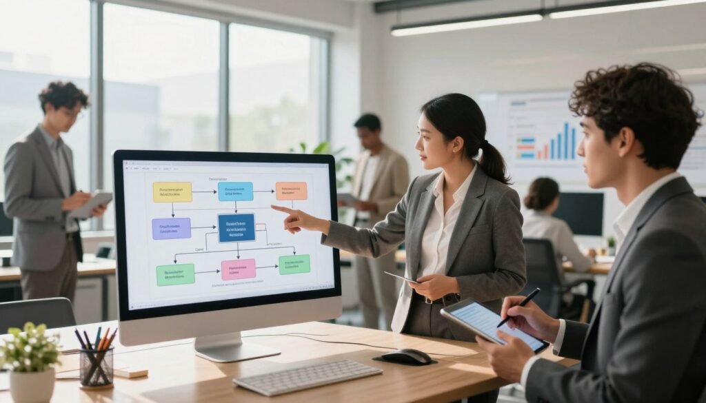 A professional workspace illustrating a streamlined workflow process, featuring a diverse group of individuals in business attire gathered around a digital screen displaying a flowchart. In the foreground, a female project manager points to the flowchart while a male colleague takes notes on a tablet. In the middle ground, a modern office environment is visible, with large windows allowing natural light to illuminate the space, casting soft shadows. The background features whiteboards and digital displays with graphs, symbolizing efficiency and organization. The atmosphere is collaborative and dynamic, evoking productivity and innovation. The lighting is bright and inspiring, creating a welcoming ambiance that encourages teamwork and efficient workflow practices. A professional workspace illustrating a streamlined workflow process, featuring a diverse group of individuals in business attire gathered around a digital screen displaying a flowchart. In the foreground, a female project manager points to the flowchart while a male colleague takes notes on a tablet. In the middle ground, a modern office environment is visible, with large windows allowing natural light to illuminate the space, casting soft shadows. The background features whiteboards and digital displays with graphs, symbolizing efficiency and organization. The atmosphere is collaborative and dynamic, evoking productivity and innovation. The lighting is bright and inspiring, creating a welcoming ambiance that encourages teamwork and efficient workflow practices.