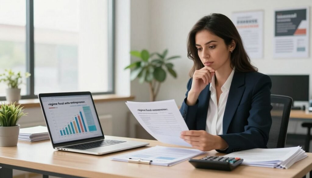 A professional workspace illustrating the concept of "régime fiscal auto-entrepreneur." In the foreground, a well-organized desk featuring a laptop with financial graphs on the screen, stacks of documents, and a calculator, symbolizing accounting and taxation. In the middle ground, a confident businesswoman in professional attire, reviewing papers, with a thoughtful expression, emphasizing the serious nature of fiscal responsibilities. The background showcases a bright, modern office with large windows letting in natural light, adorned with potted plants and motivational posters about entrepreneurship. The overall mood should be focused, optimistic, and professional, conveying the importance of understanding taxation and accounting for freelancers in Morocco. Use soft, natural lighting to create an inviting atmosphere. A professional workspace illustrating the concept of "régime fiscal auto-entrepreneur." In the foreground, a well-organized desk featuring a laptop with financial graphs on the screen, stacks of documents, and a calculator, symbolizing accounting and taxation. In the middle ground, a confident businesswoman in professional attire, reviewing papers, with a thoughtful expression, emphasizing the serious nature of fiscal responsibilities. The background showcases a bright, modern office with large windows letting in natural light, adorned with potted plants and motivational posters about entrepreneurship. The overall mood should be focused, optimistic, and professional, conveying the importance of understanding taxation and accounting for freelancers in Morocco. Use soft, natural lighting to create an inviting atmosphere.