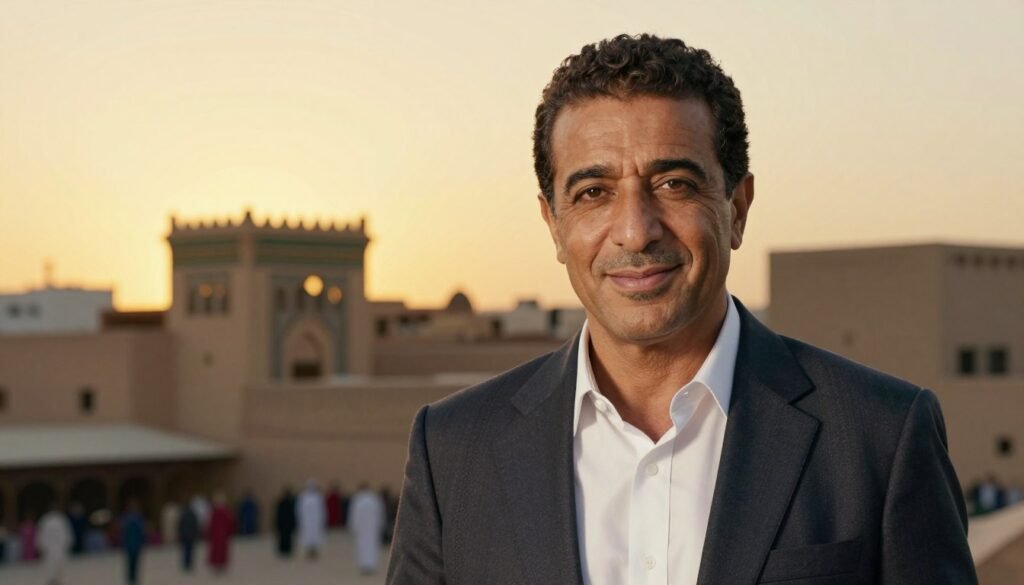 A reflective portrait of Saïd Taghmaoui, the internationally renowned Moroccan actor, showcasing his heritage and journey. In the foreground, a confident, mature man with a warm expression, dressed in a stylish suit that merges contemporary fashion with cultural elements. The middle ground features soft, blurred outlines of traditional Moroccan architecture, symbolizing his roots, while hints of bustling urban life represent his career in film. The background captures a sunset, casting a golden hue that highlights his features and evokes a sense of nostalgia. Use soft lighting to create an intimate atmosphere, with a shallow depth of field for a focused composition. The image embodies pride, resilience, and cultural richness without any text or distractions. A reflective portrait of Saïd Taghmaoui, the internationally renowned Moroccan actor, showcasing his heritage and journey. In the foreground, a confident, mature man with a warm expression, dressed in a stylish suit that merges contemporary fashion with cultural elements. The middle ground features soft, blurred outlines of traditional Moroccan architecture, symbolizing his roots, while hints of bustling urban life represent his career in film. The background captures a sunset, casting a golden hue that highlights his features and evokes a sense of nostalgia. Use soft lighting to create an intimate atmosphere, with a shallow depth of field for a focused composition. The image embodies pride, resilience, and cultural richness without any text or distractions.