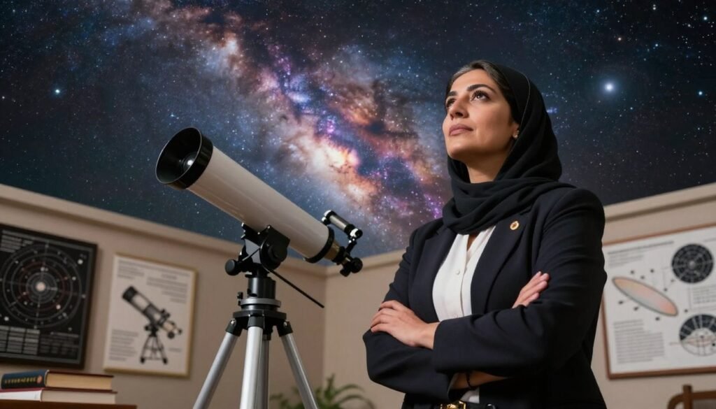 A renowned Moroccan astronomer stands confidently in the foreground, wearing professional attire, gazing up towards a star-filled sky. Her expression reflects determination and inspiration, symbolizing the challenges faced by women in science. In the middle ground, a telescope is prominently positioned, surrounded by books and charts illustrating celestial phenomena. The background features a breathtaking cosmic landscape, with vibrant nebulae and distant galaxies, bathed in soft, ethereal lighting to create a sense of wonder. The overall atmosphere is one of curiosity and exploration, inviting viewers to reflect on the cultural impact of astronomy. Capture the scene from a slight low angle to emphasize the astronomer's engagement with the cosmos, creating a powerful visual narrative. A renowned Moroccan astronomer stands confidently in the foreground, wearing professional attire, gazing up towards a star-filled sky. Her expression reflects determination and inspiration, symbolizing the challenges faced by women in science. In the middle ground, a telescope is prominently positioned, surrounded by books and charts illustrating celestial phenomena. The background features a breathtaking cosmic landscape, with vibrant nebulae and distant galaxies, bathed in soft, ethereal lighting to create a sense of wonder. The overall atmosphere is one of curiosity and exploration, inviting viewers to reflect on the cultural impact of astronomy. Capture the scene from a slight low angle to emphasize the astronomer's engagement with the cosmos, creating a powerful visual narrative.