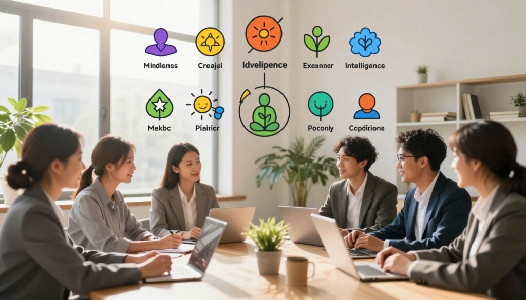 A serene and vibrant workspace representing personal development programs, featuring an array of colorful symbols or icons that depict key categories like mindfulness, emotional intelligence, and creativity. In the foreground, a diverse group of individuals dressed in professional business attire is engaged in a collaborative discussion around a large table, with laptops and notebooks open. The middle ground includes a gentle reminder of nature, like indoor plants or soft natural textures. The background showcases a large window with bright, warm sunlight streaming in, creating a cozy and inviting atmosphere. The overall mood is uplifting and inspiring, emphasizing growth and connection. The composition should have a dynamic perspective with a slight tilt, evoking movement and energy. A serene and vibrant workspace representing personal development programs, featuring an array of colorful symbols or icons that depict key categories like mindfulness, emotional intelligence, and creativity. In the foreground, a diverse group of individuals dressed in professional business attire is engaged in a collaborative discussion around a large table, with laptops and notebooks open. The middle ground includes a gentle reminder of nature, like indoor plants or soft natural textures. The background showcases a large window with bright, warm sunlight streaming in, creating a cozy and inviting atmosphere. The overall mood is uplifting and inspiring, emphasizing growth and connection. The composition should have a dynamic perspective with a slight tilt, evoking movement and energy.