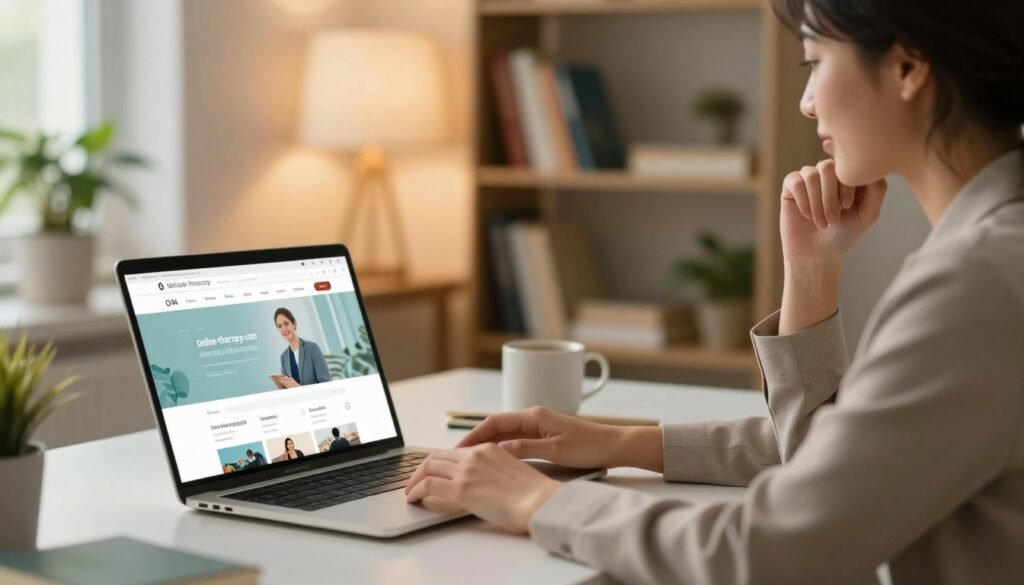 A serene home office environment, featuring a modern desk with a laptop open, displaying the online-therapy.com homepage. In the foreground, a person in professional business attire, looking engaged and thoughtful, interacts with the laptop. They have a welcoming, calm expression, embodying the concept of online therapy. The middle ground shows soft lighting, casting a warm glow across the space, with plants in the background to enhance the atmosphere of wellness. The background contains a bookshelf filled with self-help books, creating an inviting and supportive ambiance. The overall mood is peaceful and focused, conveying a sense of approachability and professionalism in the online therapy process. A serene home office environment, featuring a modern desk with a laptop open, displaying the online-therapy.com homepage. In the foreground, a person in professional business attire, looking engaged and thoughtful, interacts with the laptop. They have a welcoming, calm expression, embodying the concept of online therapy. The middle ground shows soft lighting, casting a warm glow across the space, with plants in the background to enhance the atmosphere of wellness. The background contains a bookshelf filled with self-help books, creating an inviting and supportive ambiance. The overall mood is peaceful and focused, conveying a sense of approachability and professionalism in the online therapy process.