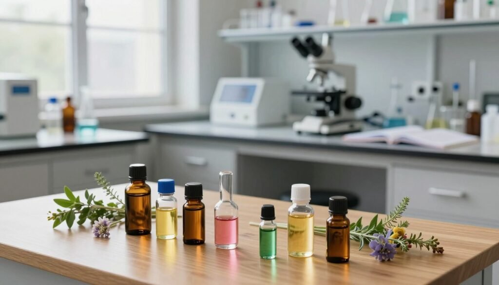 A serene laboratory setting filled with various essential oil bottles, symbolizing the synergy of essential oils and antibiotics. In the foreground, a wooden table showcases an array of glass vials containing colorful oils, with delicate herbs and flowers surrounding them, exuding natural elegance. In the middle, a well-lit, sleek workbench is equipped with scientific instruments, with a microscope and open notebooks highlighting research notes. In the background, large windows let in soft, natural light, illuminating the room and creating a tranquil atmosphere. The mood is one of innovation and discovery, reflecting a blend of modern science and traditional medicine. The scene conveys a sense of hope and potential in natural healing. A serene laboratory setting filled with various essential oil bottles, symbolizing the synergy of essential oils and antibiotics. In the foreground, a wooden table showcases an array of glass vials containing colorful oils, with delicate herbs and flowers surrounding them, exuding natural elegance. In the middle, a well-lit, sleek workbench is equipped with scientific instruments, with a microscope and open notebooks highlighting research notes. In the background, large windows let in soft, natural light, illuminating the room and creating a tranquil atmosphere. The mood is one of innovation and discovery, reflecting a blend of modern science and traditional medicine. The scene conveys a sense of hope and potential in natural healing.