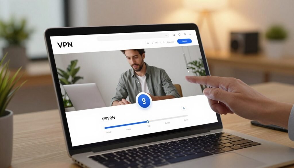 A sleek and modern VPN application interface displayed on a high-resolution laptop screen. The foreground features a user-friendly dashboard with simplified navigation options, smooth sliders, and a prominent connection status indicator. In the middle layer, a professional individual in smart casual attire interacts with the interface, showcasing ease of use. The background presents a cozy, well-lit workspace with a contemporary aesthetic, including plants and tech gadgets, enhancing the atmosphere of productivity. Soft, warm lighting creates a welcoming ambiance. The angle is slightly tilted, capturing both the user's engagement and the clear, minimalist design of the VPN application, emphasizing simplicity and accessibility in online security solutions. A sleek and modern VPN application interface displayed on a high-resolution laptop screen. The foreground features a user-friendly dashboard with simplified navigation options, smooth sliders, and a prominent connection status indicator. In the middle layer, a professional individual in smart casual attire interacts with the interface, showcasing ease of use. The background presents a cozy, well-lit workspace with a contemporary aesthetic, including plants and tech gadgets, enhancing the atmosphere of productivity. Soft, warm lighting creates a welcoming ambiance. The angle is slightly tilted, capturing both the user's engagement and the clear, minimalist design of the VPN application, emphasizing simplicity and accessibility in online security solutions.