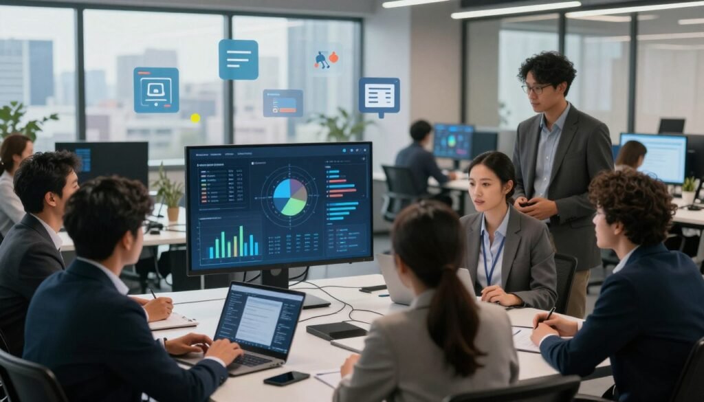 A sleek and modern digital workspace showcasing a collaborative environment for software revenue sharing. In the foreground, a diverse group of professionals, dressed in business attire, is engaged in discussion around a large touchscreen displaying graphs and revenue models. The middle ground features software icons and charts symbolizing various digital tools, seamlessly integrated into the workspace. In the background, large windows let in natural light, illuminating a city skyline, suggesting an innovative tech hub. The atmosphere is energetic and focused, with soft, warm lighting enhancing the productivity vibe. The angle is slightly elevated, providing a clear view of both the group and the digital interface. A sleek and modern digital workspace showcasing a collaborative environment for software revenue sharing. In the foreground, a diverse group of professionals, dressed in business attire, is engaged in discussion around a large touchscreen displaying graphs and revenue models. The middle ground features software icons and charts symbolizing various digital tools, seamlessly integrated into the workspace. In the background, large windows let in natural light, illuminating a city skyline, suggesting an innovative tech hub. The atmosphere is energetic and focused, with soft, warm lighting enhancing the productivity vibe. The angle is slightly elevated, providing a clear view of both the group and the digital interface.