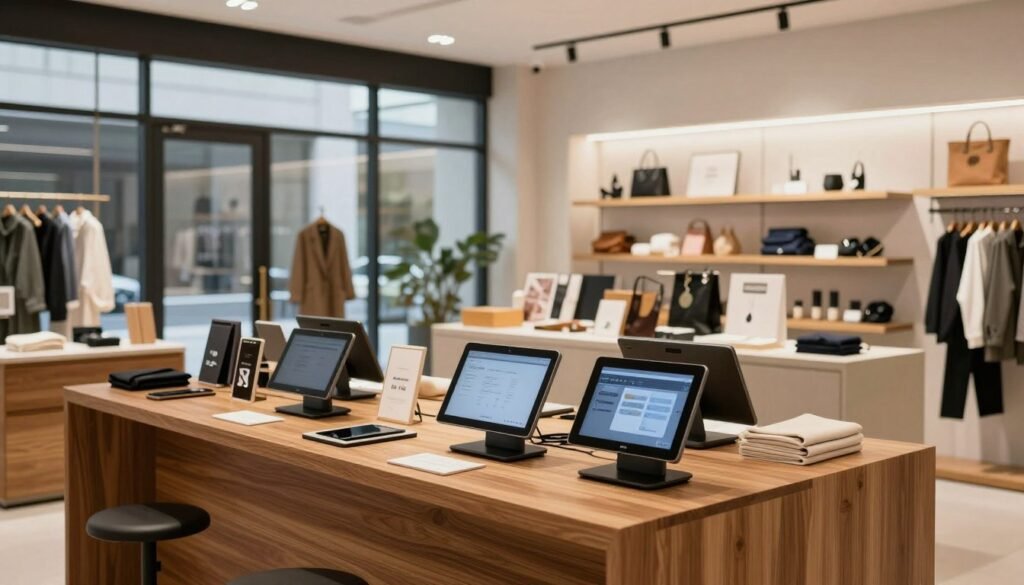 A sleek and modern e-commerce boutique interior, showcasing elegant product displays and stylish merchandise. In the foreground, a well-organized checkout counter made of polished wood, displaying digital tablets for transactions. In the middle, a diverse array of carefully arranged products, including fashion items, accessories, and home decor, all beautifully lit to highlight their details. The background features large glass windows allowing natural light to flood the space, enhancing the welcoming atmosphere. Soft, ambient lighting creates a cozy yet professional mood, inviting customers to explore. The overall aesthetic combines contemporary design elements with a touch of sophistication, emphasizing a seamless online shopping experience suitable for professional business growth. The scene is devoid of any text or distractions, focusing solely on the boutique's inviting and stylish environment. A sleek and modern e-commerce boutique interior, showcasing elegant product displays and stylish merchandise. In the foreground, a well-organized checkout counter made of polished wood, displaying digital tablets for transactions. In the middle, a diverse array of carefully arranged products, including fashion items, accessories, and home decor, all beautifully lit to highlight their details. The background features large glass windows allowing natural light to flood the space, enhancing the welcoming atmosphere. Soft, ambient lighting creates a cozy yet professional mood, inviting customers to explore. The overall aesthetic combines contemporary design elements with a touch of sophistication, emphasizing a seamless online shopping experience suitable for professional business growth. The scene is devoid of any text or distractions, focusing solely on the boutique's inviting and stylish environment.
