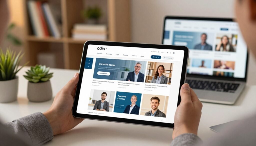 A sleek and modern online course catalog presented on a high-resolution digital interface. In the foreground, display a tablet held by a professional individual dressed in business attire, showcasing visually striking course options with engaging graphics. In the middle, include a vibrant workspace setting with a stylish desk, succulent plants, and a laptop with a blurred screen showing more educational content. The background features a softly lit study with bookshelves and ambient lighting, emphasizing a focus on learning. The mood is aspirational and motivating, with warm light creating an inviting atmosphere that invites users to explore premium courses designed for ambitious learners. Use a shallow depth of field to keep the focus on the tablet while softly blurring the background elements. A sleek and modern online course catalog presented on a high-resolution digital interface. In the foreground, display a tablet held by a professional individual dressed in business attire, showcasing visually striking course options with engaging graphics. In the middle, include a vibrant workspace setting with a stylish desk, succulent plants, and a laptop with a blurred screen showing more educational content. The background features a softly lit study with bookshelves and ambient lighting, emphasizing a focus on learning. The mood is aspirational and motivating, with warm light creating an inviting atmosphere that invites users to explore premium courses designed for ambitious learners. Use a shallow depth of field to keep the focus on the tablet while softly blurring the background elements.