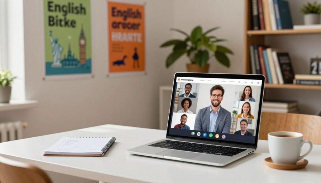 A sleek and modern visual representation of an English language subscription service, showcasing an inviting workspace. The foreground features a stylish desk with a laptop open to a video call, displaying a diverse, professional tutor in smart casual attire. On the desk, there's a notepad filled with notes and a coffee cup radiating warmth. In the middle ground, vibrant posters of English phrases and cultural icons like Big Ben and the Statue of Liberty hang on a light-colored wall. The background reveals a cozy library corner with shelves filled with English language books and a lush green plant, creating a serene atmosphere. Soft, natural lighting filters through a window, enhancing the mood of motivation and learning, captured with a 35mm lens at eye level for a personal touch. A sleek and modern visual representation of an English language subscription service, showcasing an inviting workspace. The foreground features a stylish desk with a laptop open to a video call, displaying a diverse, professional tutor in smart casual attire. On the desk, there's a notepad filled with notes and a coffee cup radiating warmth. In the middle ground, vibrant posters of English phrases and cultural icons like Big Ben and the Statue of Liberty hang on a light-colored wall. The background reveals a cozy library corner with shelves filled with English language books and a lush green plant, creating a serene atmosphere. Soft, natural lighting filters through a window, enhancing the mood of motivation and learning, captured with a 35mm lens at eye level for a personal touch.
