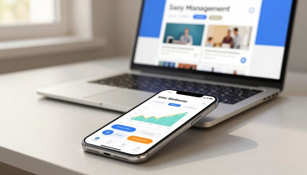 A sleek mobile application interface displaying a site management dashboard for an easy website creation tool, featuring vibrant graphs, intuitive buttons, and user-friendly navigation elements. In the foreground, a stylized smartphone rests on a minimalist desk, with a laptop softly blurred in the background showing the same application open. The scene is bathed in warm, natural light streaming through a nearby window, creating a welcoming atmosphere. The angle is slightly above eye-level, capturing both devices and emphasizing the app's functionality. The mood is productive and inspiring, suggesting simplicity and speed in web design with a modern, professional aesthetic. A sleek mobile application interface displaying a site management dashboard for an easy website creation tool, featuring vibrant graphs, intuitive buttons, and user-friendly navigation elements. In the foreground, a stylized smartphone rests on a minimalist desk, with a laptop softly blurred in the background showing the same application open. The scene is bathed in warm, natural light streaming through a nearby window, creating a welcoming atmosphere. The angle is slightly above eye-level, capturing both devices and emphasizing the app's functionality. The mood is productive and inspiring, suggesting simplicity and speed in web design with a modern, professional aesthetic.