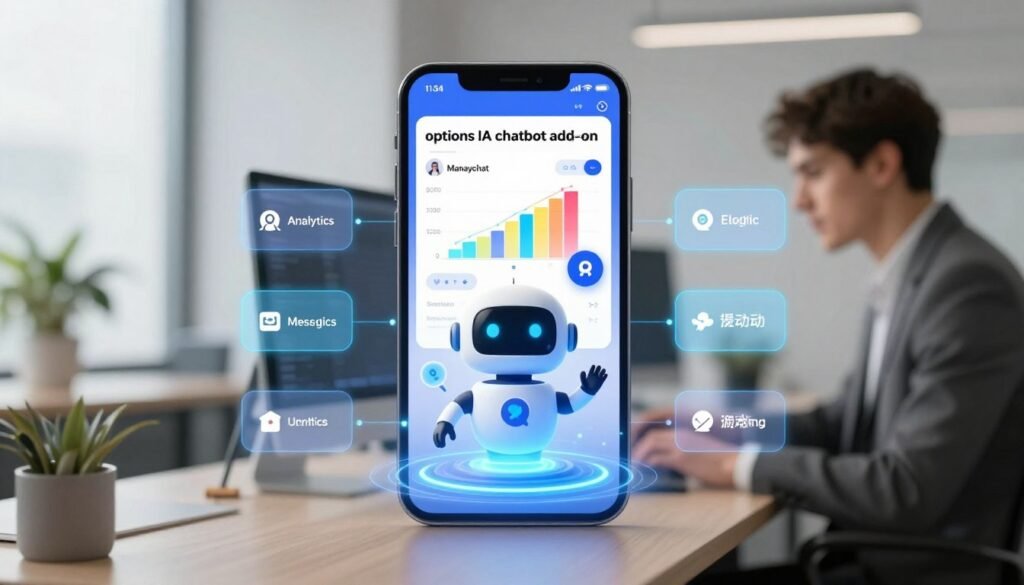 A sleek, modern digital interface displaying an "options IA chatbot add-on" for marketing enhancement. In the foreground, a futuristic chatbot icon takes center stage, surrounded by glowing options buttons depicting various features like analytics, messaging, and automation. The middle layer includes a blurred screen of a smartphone showing the Manychat application with vibrant graphs and user interaction buttons. The background features a stylish office environment with soft, diffused lighting, showcasing a professional working at a desk, dressed in business attire, focused on strategy. The mood is innovative and energetic, conveying a sense of empowerment and technological advancement, with crisp lines and a user-friendly design aesthetic. A sleek, modern digital interface displaying an "options IA chatbot add-on" for marketing enhancement. In the foreground, a futuristic chatbot icon takes center stage, surrounded by glowing options buttons depicting various features like analytics, messaging, and automation. The middle layer includes a blurred screen of a smartphone showing the Manychat application with vibrant graphs and user interaction buttons. The background features a stylish office environment with soft, diffused lighting, showcasing a professional working at a desk, dressed in business attire, focused on strategy. The mood is innovative and energetic, conveying a sense of empowerment and technological advancement, with crisp lines and a user-friendly design aesthetic.