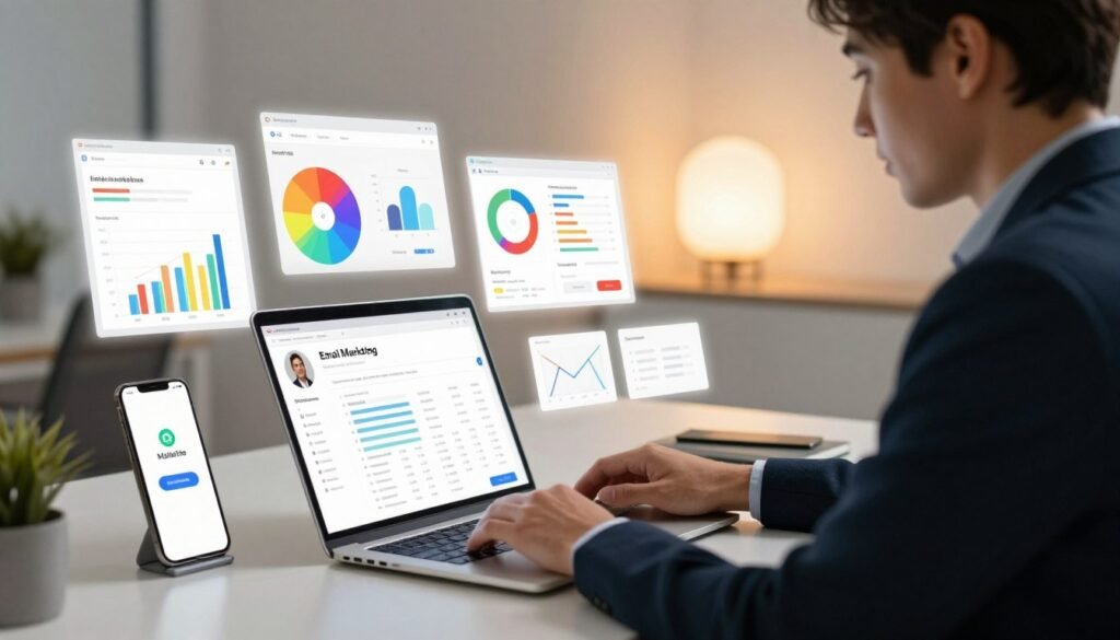 A sleek, modern digital workspace filled with elements symbolizing email marketing. In the foreground, a professional figure, dressed in smart business attire, is reviewing a user profile on a laptop, displaying analytics and engagement charts. In the middle ground, an array of colorful charts and graphs float to signify data analysis and segmentation options, while a smartphone shows a notification from MailerLite. In the background, soft glowing lights illuminate a minimalist office setting, creating a warm and inviting atmosphere. The perspective is slightly angled to showcase both the user’s focused expression and the vibrant interface on the screen. The scene conveys a sense of professionalism, efficiency, and digital engagement, perfect for an article about user guidance in email marketing. A sleek, modern digital workspace filled with elements symbolizing email marketing. In the foreground, a professional figure, dressed in smart business attire, is reviewing a user profile on a laptop, displaying analytics and engagement charts. In the middle ground, an array of colorful charts and graphs float to signify data analysis and segmentation options, while a smartphone shows a notification from MailerLite. In the background, soft glowing lights illuminate a minimalist office setting, creating a warm and inviting atmosphere. The perspective is slightly angled to showcase both the user’s focused expression and the vibrant interface on the screen. The scene conveys a sense of professionalism, efficiency, and digital engagement, perfect for an article about user guidance in email marketing.
