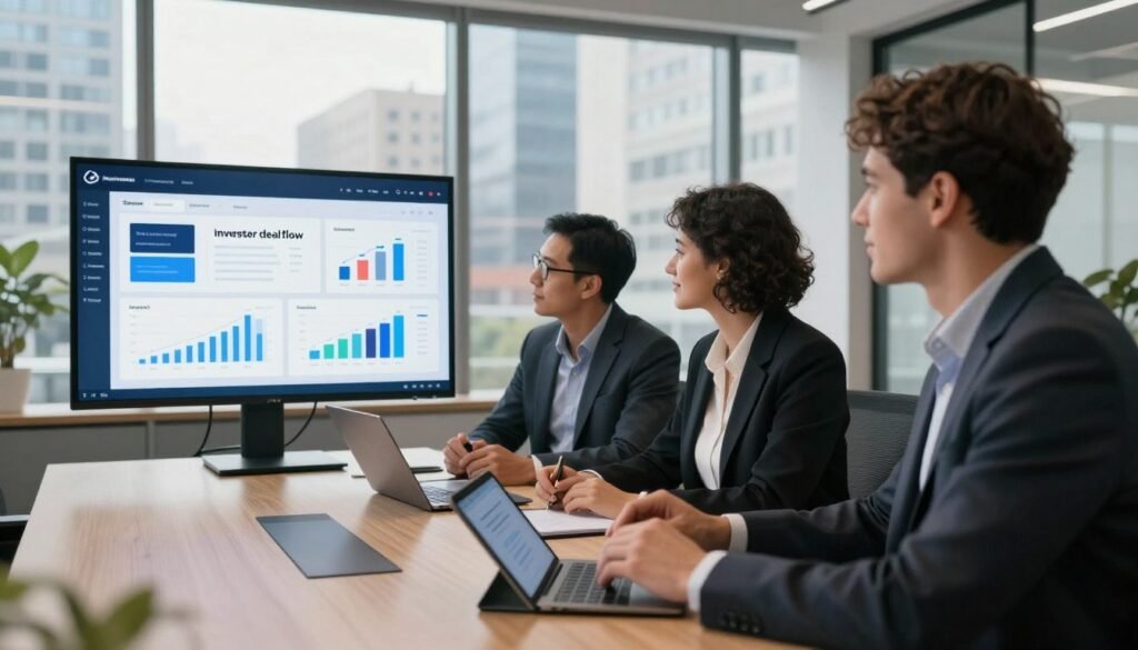 A sleek, modern investor deal flow platform depicted in a professional office environment. In the foreground, a diverse group of three investors, two men and one woman, dressed in business attire, are intently analyzing charts and graphs on a large, interactive touchscreen display. Their expressions convey focus and optimism. In the middle ground, a stylish conference table is surrounded by a few digital tablets and laptops, emphasizing a tech-savvy atmosphere. The background features a panoramic window showcasing a bustling cityscape, suggesting a vibrant startup ecosystem. Soft, diffused natural light pours in, creating a warm and inviting ambiance. The scene captures a sense of collaboration and strategic decision-making, embodying the essence of sourcing high-quality, early-stage deals in investment. A sleek, modern investor deal flow platform depicted in a professional office environment. In the foreground, a diverse group of three investors, two men and one woman, dressed in business attire, are intently analyzing charts and graphs on a large, interactive touchscreen display. Their expressions convey focus and optimism. In the middle ground, a stylish conference table is surrounded by a few digital tablets and laptops, emphasizing a tech-savvy atmosphere. The background features a panoramic window showcasing a bustling cityscape, suggesting a vibrant startup ecosystem. Soft, diffused natural light pours in, creating a warm and inviting ambiance. The scene captures a sense of collaboration and strategic decision-making, embodying the essence of sourcing high-quality, early-stage deals in investment.