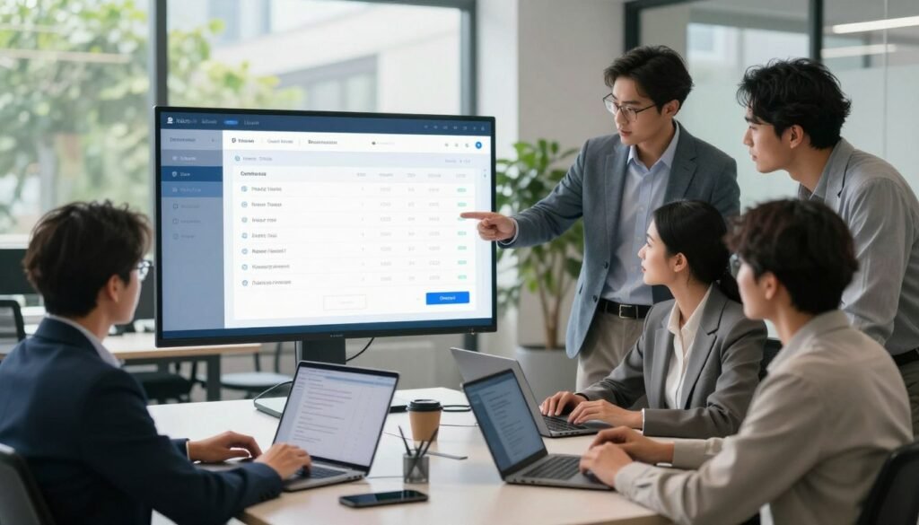 A sleek, modern office environment showcasing seamless integration of work hours management software. In the foreground, a diverse group of professionals, dressed in business attire, collaborate around a large, interactive digital display showing user-friendly configurations and settings. In the middle, a stylish desk with laptops and smart devices, emphasizing ease of use, with a subtle glow from the screens illuminating their focused expressions. The background features large windows with natural light streaming in, creating a vibrant atmosphere filled with greenery outside. The overall mood is dynamic and productive, conveying a sense of efficiency and rapid implementation, with a clean and organized aesthetic throughout the scene. A sleek, modern office environment showcasing seamless integration of work hours management software. In the foreground, a diverse group of professionals, dressed in business attire, collaborate around a large, interactive digital display showing user-friendly configurations and settings. In the middle, a stylish desk with laptops and smart devices, emphasizing ease of use, with a subtle glow from the screens illuminating their focused expressions. The background features large windows with natural light streaming in, creating a vibrant atmosphere filled with greenery outside. The overall mood is dynamic and productive, conveying a sense of efficiency and rapid implementation, with a clean and organized aesthetic throughout the scene.