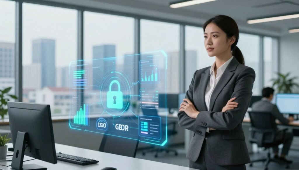 A sleek, modern office environment with a focus on technology and data security. In the foreground, a confident business professional in a tailored suit stands proudly next to a digital display showcasing various security certifications like ISO and GDPR. Their expression conveys trust and reliability. In the middle, several holographic graphs and charts depict data security metrics, radiating a blue and green color palette that suggests safety and efficiency. The background features a panoramic view through large windows, revealing a bustling cityscape bathed in soft natural light, creating a sense of optimism and progress. The atmosphere is calm yet inspiring, emphasizing the importance of data security and trust in business. A sleek, modern office environment with a focus on technology and data security. In the foreground, a confident business professional in a tailored suit stands proudly next to a digital display showcasing various security certifications like ISO and GDPR. Their expression conveys trust and reliability. In the middle, several holographic graphs and charts depict data security metrics, radiating a blue and green color palette that suggests safety and efficiency. The background features a panoramic view through large windows, revealing a bustling cityscape bathed in soft natural light, creating a sense of optimism and progress. The atmosphere is calm yet inspiring, emphasizing the importance of data security and trust in business.
