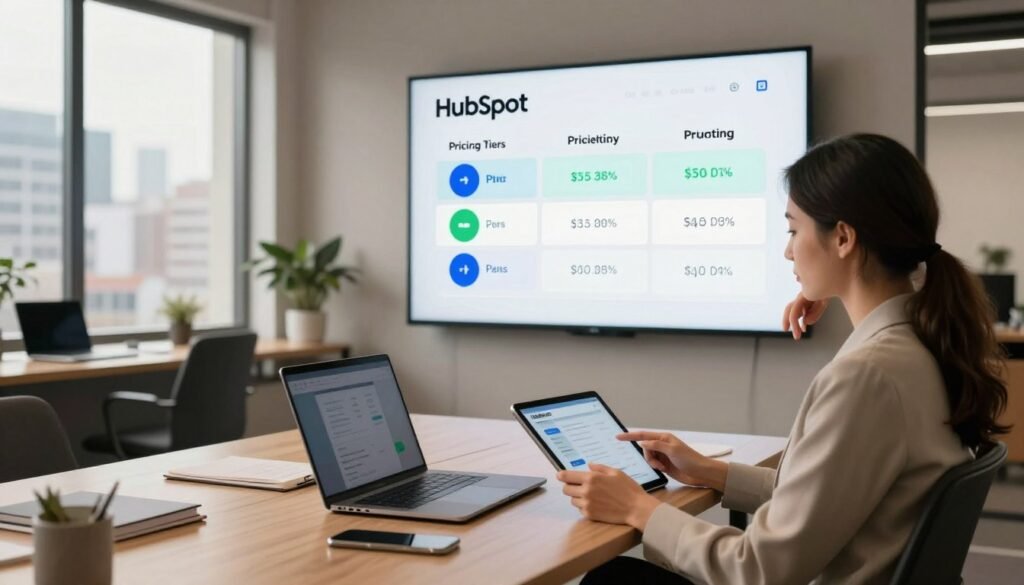 A sleek, modern office space featuring a large digital display showcasing HubSpot’s pricing tiers and plans. In the foreground, a professional businesswoman in business attire, looking thoughtfully at a tablet, analyzing pricing strategies. The middle ground includes a stylish desk with laptops and notebooks, while a window in the background reveals a cityscape, suggesting a bustling business environment. Soft, natural lighting filters in, creating an inviting and inspiring atmosphere. The camera angle is slightly elevated, providing a comprehensive view of the workspace. The color palette is warm and professional, conveying a sense of trust and efficiency that aligns with marketing and sales solutions. A sleek, modern office space featuring a large digital display showcasing HubSpot’s pricing tiers and plans. In the foreground, a professional businesswoman in business attire, looking thoughtfully at a tablet, analyzing pricing strategies. The middle ground includes a stylish desk with laptops and notebooks, while a window in the background reveals a cityscape, suggesting a bustling business environment. Soft, natural lighting filters in, creating an inviting and inspiring atmosphere. The camera angle is slightly elevated, providing a comprehensive view of the workspace. The color palette is warm and professional, conveying a sense of trust and efficiency that aligns with marketing and sales solutions.