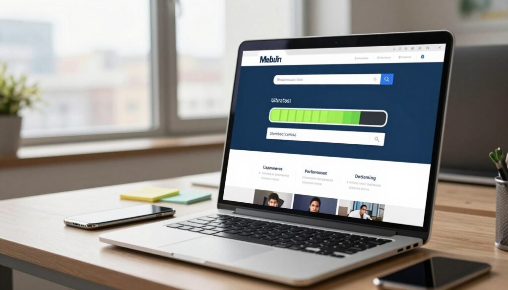 A sleek, modern office workspace featuring a computer screen displaying rapid website loading indicators. In the foreground, an open laptop shows a vibrant progress bar symbolizing ultrafast loading times. The middle ground includes a well-organized desk with a stylish smartphone and sticky notes with performance tips. The background showcases a bright, airy window with city views, enhancing a sense of efficiency and productivity. Soft, natural light pours in, creating a warm and inviting atmosphere. The lens focuses sharply on the screen while the desk items blur slightly, suggesting a dynamic environment. The overall mood conveys professionalism and innovation, illustrating a seamless user experience in web hosting. A sleek, modern office workspace featuring a computer screen displaying rapid website loading indicators. In the foreground, an open laptop shows a vibrant progress bar symbolizing ultrafast loading times. The middle ground includes a well-organized desk with a stylish smartphone and sticky notes with performance tips. The background showcases a bright, airy window with city views, enhancing a sense of efficiency and productivity. Soft, natural light pours in, creating a warm and inviting atmosphere. The lens focuses sharply on the screen while the desk items blur slightly, suggesting a dynamic environment. The overall mood conveys professionalism and innovation, illustrating a seamless user experience in web hosting.