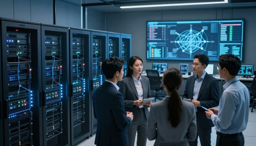 A sleek, modern server room showcasing a high-performance proxy network. In the foreground, a group of professionals in business attire are discussing data security strategies around a large digital display showing network performance metrics. The middle ground features rows of illuminated server racks, with blinking LED lights indicating active connections. The background displays a high-tech control center with screens filled with graphs and analytics, casting a subtle blue glow across the room. Soft, ambient lighting enhances the professional atmosphere, while a slight depth of field creates focus on the team, highlighting their collaborative spirit. The overall mood conveys innovation and reliability in data management. A sleek, modern server room showcasing a high-performance proxy network. In the foreground, a group of professionals in business attire are discussing data security strategies around a large digital display showing network performance metrics. The middle ground features rows of illuminated server racks, with blinking LED lights indicating active connections. The background displays a high-tech control center with screens filled with graphs and analytics, casting a subtle blue glow across the room. Soft, ambient lighting enhances the professional atmosphere, while a slight depth of field creates focus on the team, highlighting their collaborative spirit. The overall mood conveys innovation and reliability in data management.