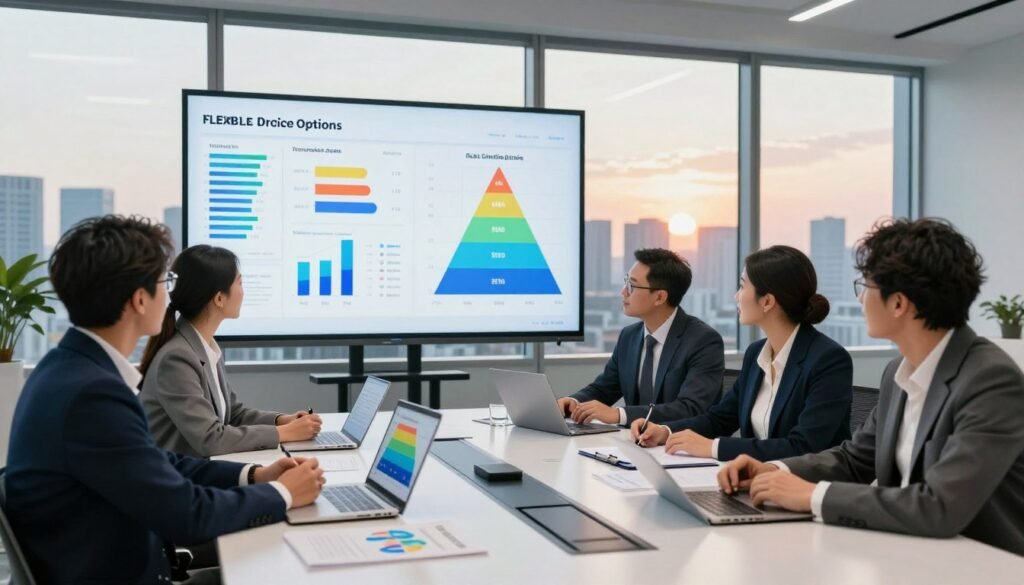 A sleek, modern workspace depicting various flexible data pricing options, arranged on a polished conference table. In the foreground, several professional businesspeople of diverse backgrounds in smart attire are engaged in discussion, analyzing colorful infographics and charts showcasing pricing tiers. The middle ground features graphs and data visualizations projected on a large screen, illuminating their focused expressions. The background includes a large window revealing a city skyline during a soft sunset, casting warm, inviting light throughout the room. The overall mood is dynamic and collaborative, emphasizing innovation and adaptability in data solutions. Use a wide-angle lens to capture the scene with bright, clear lighting that enhances the professionalism and creativity of the setting. A sleek, modern workspace depicting various flexible data pricing options, arranged on a polished conference table. In the foreground, several professional businesspeople of diverse backgrounds in smart attire are engaged in discussion, analyzing colorful infographics and charts showcasing pricing tiers. The middle ground features graphs and data visualizations projected on a large screen, illuminating their focused expressions. The background includes a large window revealing a city skyline during a soft sunset, casting warm, inviting light throughout the room. The overall mood is dynamic and collaborative, emphasizing innovation and adaptability in data solutions. Use a wide-angle lens to capture the scene with bright, clear lighting that enhances the professionalism and creativity of the setting.
