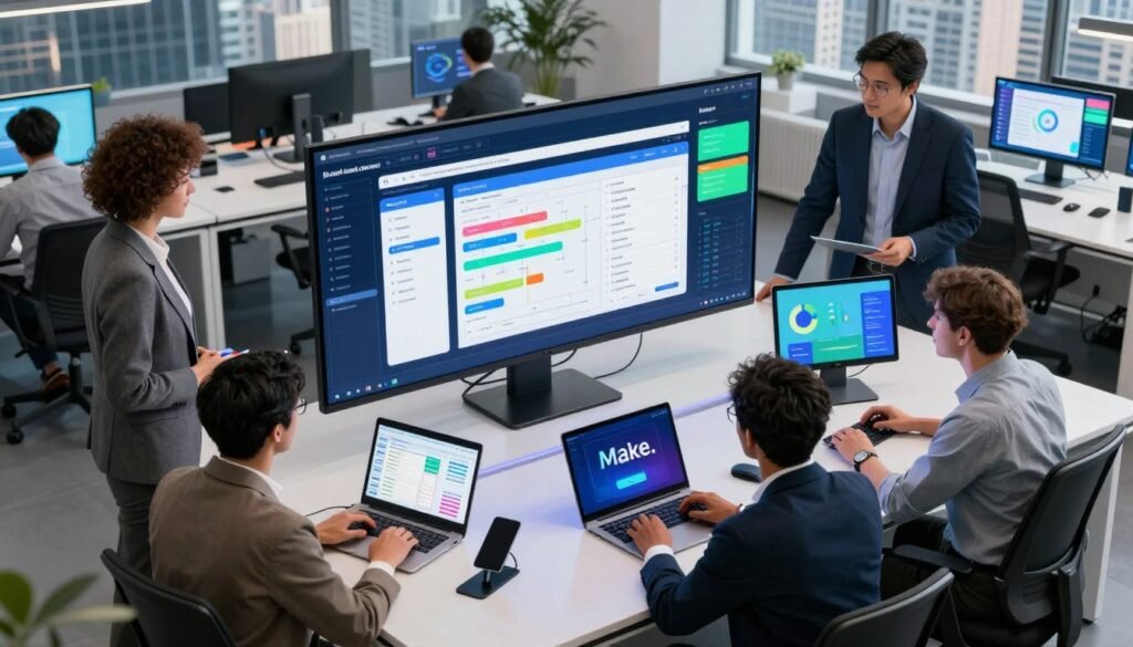 A sleek, modern workspace filled with high-tech devices exemplifying advanced automation features of Make.com. In the foreground, a diverse group of professionals, dressed in smart business attire, collaborate around a large digital screen displaying complex workflows and automation processes. The middle ground features a futuristic desk with gadgets and tablets illustrating various Make.com functionalities, illuminated by gentle, diffused lighting that highlights the vibrant colors of the screens. The background includes large windows revealing a bustling cityscape, symbolizing innovation and connectivity. The atmosphere is dynamic and productive, suggesting an environment where creativity and technology merge seamlessly to empower users in project development. The image is angled slightly from above to capture both the team and their digital tools effectively. A sleek, modern workspace filled with high-tech devices exemplifying advanced automation features of Make.com. In the foreground, a diverse group of professionals, dressed in smart business attire, collaborate around a large digital screen displaying complex workflows and automation processes. The middle ground features a futuristic desk with gadgets and tablets illustrating various Make.com functionalities, illuminated by gentle, diffused lighting that highlights the vibrant colors of the screens. The background includes large windows revealing a bustling cityscape, symbolizing innovation and connectivity. The atmosphere is dynamic and productive, suggesting an environment where creativity and technology merge seamlessly to empower users in project development. The image is angled slightly from above to capture both the team and their digital tools effectively.