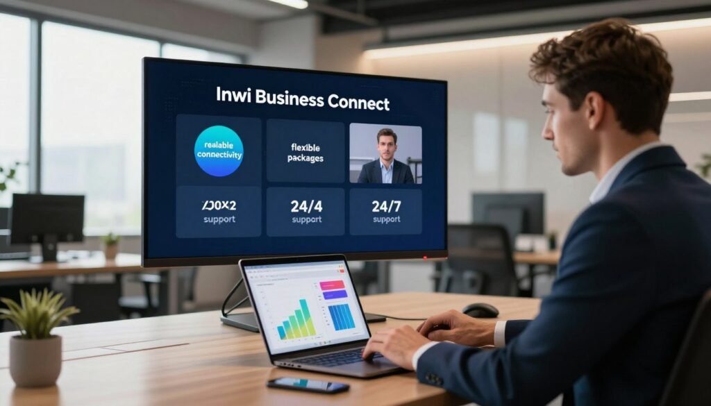 A sleek, modern workspace filled with high-tech gadgets, showcasing the features of "Inwi Business Connect". In the foreground, there is a professional business consultant dressed in smart business attire, engaged in a video call on a laptop, with vibrant charts displayed on the screen. In the middle ground, a large digital screen highlights key features such as "reliable connectivity", "flexible packages", and "24/7 support". The background features a contemporary office environment with large windows allowing natural light to flood in. The overall mood is dynamic and professional, emphasizing innovation and connectivity. Soft, warm lighting enhances the inviting atmosphere, while a shallow depth of field focuses on the consultant and the digital screen, blurring the background slightly. A sleek, modern workspace filled with high-tech gadgets, showcasing the features of "Inwi Business Connect". In the foreground, there is a professional business consultant dressed in smart business attire, engaged in a video call on a laptop, with vibrant charts displayed on the screen. In the middle ground, a large digital screen highlights key features such as "reliable connectivity", "flexible packages", and "24/7 support". The background features a contemporary office environment with large windows allowing natural light to flood in. The overall mood is dynamic and professional, emphasizing innovation and connectivity. Soft, warm lighting enhances the inviting atmosphere, while a shallow depth of field focuses on the consultant and the digital screen, blurring the background slightly.