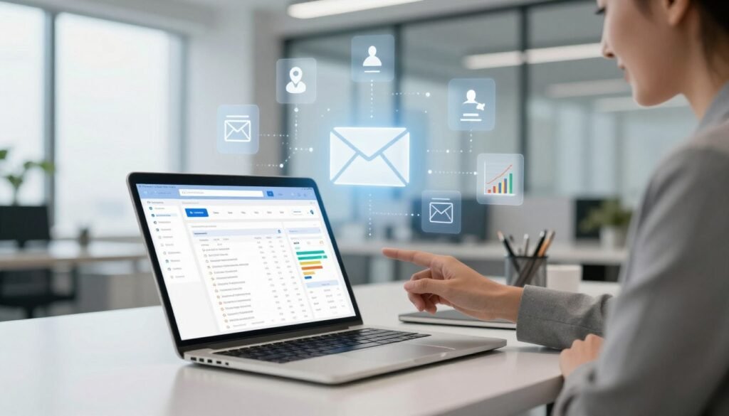 A sleek, modern workspace with a high-tech feel, featuring an open laptop displaying a well-organized email marketing dashboard. In the foreground, a confident professional in business attire analyzes data on the screen. The middle layer includes various digital icons symbolizing email automation, such as automated workflows, analytics charts, and user engagement metrics, arranged artistically around the laptop. The background showcases a soft-focus environment of a bright office with natural light coming through large windows, creating a productive and inspiring atmosphere. Use a wide-angle perspective to capture the entire scene. The overall mood should be one of innovation, efficiency, and professionalism, with well-balanced lighting that emphasizes clarity and focus. A sleek, modern workspace with a high-tech feel, featuring an open laptop displaying a well-organized email marketing dashboard. In the foreground, a confident professional in business attire analyzes data on the screen. The middle layer includes various digital icons symbolizing email automation, such as automated workflows, analytics charts, and user engagement metrics, arranged artistically around the laptop. The background showcases a soft-focus environment of a bright office with natural light coming through large windows, creating a productive and inspiring atmosphere. Use a wide-angle perspective to capture the entire scene. The overall mood should be one of innovation, efficiency, and professionalism, with well-balanced lighting that emphasizes clarity and focus.