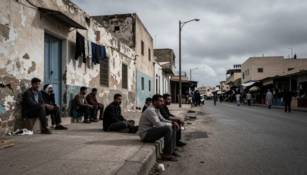 A somber street scene in Tangier depicting everyday life struggles. In the foreground, a group of individuals dressed in modest casual clothing are sitting on a weathered concrete sidewalk, their expressions reflecting resilience and contemplation. The middle ground reveals dilapidated buildings with peeling paint and laundry hanging between them, evoking a sense of harsh reality. The background features the silhouette of a bustling market under a cloudy sky, hinting at a vibrant yet challenging environment. The lighting is dim and overcast, creating a raw and gritty atmosphere, with shadows casting long across the streets. The perspective should be slightly angled to emphasize the fractured urban landscape, capturing the essence of survival in a difficult life. A somber street scene in Tangier depicting everyday life struggles. In the foreground, a group of individuals dressed in modest casual clothing are sitting on a weathered concrete sidewalk, their expressions reflecting resilience and contemplation. The middle ground reveals dilapidated buildings with peeling paint and laundry hanging between them, evoking a sense of harsh reality. The background features the silhouette of a bustling market under a cloudy sky, hinting at a vibrant yet challenging environment. The lighting is dim and overcast, creating a raw and gritty atmosphere, with shadows casting long across the streets. The perspective should be slightly angled to emphasize the fractured urban landscape, capturing the essence of survival in a difficult life.
